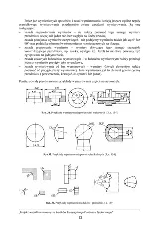 „Projekt współfinansowany ze środków Europejskiego Funduszu Społecznego”
32
Prócz już wymienionych sposobów i zasad wymiarowania istnieją jeszcze ogólne reguły
prawidłowego wymiarowania przedmiotów zwane zasadami wymiarowania. Są one
następujące:
− zasada niepowtarzania wymiarów – nie należy podawać tego samego wymiaru
przedmiotu więcej niż jeden raz, bez względu na liczbę rzutów,
− zasada pomijania wymiarów oczywistych – nie podajemy wymiarów takich jak kąt 0° lub
90º oraz podziałkę elementów równomiernie rozmieszczonych na okręgu,
− zasada grupowania wymiarów – wymiary dotyczące tego samego szczegółu
konstrukcyjnego przedmiotu, np. rowka, występu itp. Jeżeli to możliwe powinny być
zgrupowane na jednym rzucie,
− zasada otwartych łańcuchów wymiarowych – w łańcuchu wymiarowym należy pominąć
jeden z wymiarów przyjęty jako wypadkowy,
− zasada wymiarowania od baz wymiarowych – wymiary różnych elementów należy
podawać od przyjętej bazy wymiarowej. Baza wymiarowa jest to element geometryczny
przedmiotu ( powierzchnia, krawędź, oś symetrii lub punkt).
Poniżej zostały przedstawione przykłady wymiarowania części maszynowych.
Rys. 34. Przykłady wymiarowania powierzchni walcowych [3, s. 134]
Rys 35. Przykłady wymiarowania powierzchni kulistych [3, s. 134]
Rys. 36. Przykłady wymiarowania łuków i promieni [3, s. 139]
 