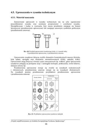 „Projekt współfinansowany ze środków Europejskiego Funduszu Społecznego”
35
4.5. Uproszczenia w rysunku technicznym
4.5.1. Materiał nauczania
Zastosowanie uproszczeń w rysunku technicznym ma na celu ograniczenie
pracochłonności rysunku oraz uzyskanie przejrzystości i czytelności rysunku.
Skomplikowane i trudne w rysowaniu linie zarysu przedmiotu zastępuje się liniami
łatwiejszymi (przedstawienie uproszczone) lub zastępuje umownym symbolem graficznym
(przedstawienie umowne).
Rys. 40. Przykład uproszczenia rysunkowego śruby: a) rysunek śruby,
b) przedstawienie uproszczone, c) przedstawienie umowne
Uproszczenia rysunkowe dotyczą zwykle elementów konstrukcyjnych maszyn (łożyska,
koła zębate, sprzęgła) oraz elementów znormalizowanych (śruby, nakrętki, kołki).
Uproszczenia mogą dotyczyć również części maszynowych np. wałków, gdzie uproszczenia
rysunkowe polegają na pomijaniu ścięć i zaokrągleń krawędzi, podtoczenia, rowki klinowe,
mniejsze otwory itp.
Przedstawienia uproszczone stosuje się zwykle na rysunkach wykonawczych
i złożeniowych, przedstawienia umowne stosuje się na rysunkach złożeniowych.
Na rysunkach poniżej przedstawiono przykładowe przedstawienia uproszczone
i przedstawienia umowne.
Rys. 41. Przykładowe uproszczenia rysunkowe nakrętek
a) b) c)
 