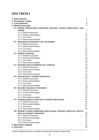„Projekt współfinansowany ze środków Europejskiego Funduszu Społecznego”
2
SPIS TREŚCI
1. Wprowadzenie 3
2. Wymagania wstępne 5
3. Cele kształcenia 6
4. Materiał nauczania 7
4.1. Rodzaje dokumentacji technicznej. Znaczenie rysunku technicznego i jego
rodzaje 7
4.1.1. Materiał nauczania 7
4.1.2. Pytania sprawdzające 15
4.1.3. Ćwiczenia 15
4.1.4. Sprawdzian postępów 16
4.2. Rzutowanie aksonometryczne i prostokątne 17
4.2.1. Materiał nauczania 17
4.2.2. Pytania sprawdzające 21
4.2.3. Ćwiczenia 21
4.2.4. Sprawdzian postępów 22
4.3. Widoki i przekroje 23
4.3.1. Materiał nauczania 23
4.3.2. Pytania sprawdzające 28
4.3.3. Ćwiczenia 28
4.3.4. Sprawdzian postępów 29
4.4. Wymiarowanie przedmiotów na rysunkach 30
4.4.1. Materiał nauczania 30
4.4.2. Pytania sprawdzające 33
4.4.3. Ćwiczenia 33
4.4.4. Sprawdzian postępów 34
4.5. Uproszczenia w rysunku technicznym 35
4.5.1. Materiał nauczania 35
4.5.2. Pytania sprawdzające 37
4.5.3. Ćwiczenia 37
4.5.4. Sprawdzian postępów 38
4.6. Rysunki wykonawcze i złożeniowe 39
4.6.1. Materiał nauczania 39
4.6.2. Pytania sprawdzające 42
4.6.3. Ćwiczenia 42
4.6.4. Sprawdzian postępów 43
4.7. Symbole graficzne stosowane w rysunku elektrycznym 44
4.7.1. Materiał nauczania 44
4.7.2. Pytania sprawdzające 47
4.7.3. Ćwiczenia 47
4.7.4. Sprawdzian postępów 48
4.8. Rodzaje rysunku technicznego elektrycznego. Schematy elektryczne: ideowe,
ideowo-rozwinięte i montażowe 49
4.8.1. Materiał nauczania 49
4.8.2. Pytania sprawdzające 53
4.8.3. Ćwiczenia 53
4.8.4. Sprawdzian postępów 54
5. Sprawdzian osiągnięć 55
6. Literatura 60
 