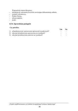 „Projekt współfinansowany ze środków Europejskiego Funduszu Społecznego”
38
Wyposażenie stanowiska pracy:
− instrukcja do wykonania ćwiczenia zawierająca dokumentację zadania,
− rysunek wykonawczy,
− Polskie Normy,
− arkusze papieru,
− pisaki.
4.5.4. Sprawdzian postępów
Czy potrafisz:
Tak Nie
1) scharakteryzować zastosowanie uproszczeń rysunkowych?  
2) odczytać przedstawienia uproszczone na rysunkach?  
3) odczytać przedstawienia umowne na rysunkach?  
 