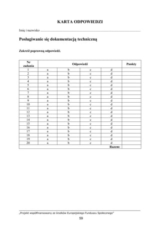 „Projekt współfinansowany ze środków Europejskiego Funduszu Społecznego”
59
KARTA ODPOWIEDZI
Imię i nazwisko ............................................................................................................................
Posługiwanie się dokumentacją techniczną
Zakreśl poprawną odpowiedź.
Nr
zadania
Odpowiedź Punkty
1 a b c d
2 a b c d
3 a b c d
4 a b c d
5 a b c d
6 a b c d
7 a b c d
8 a b c d
9 a b c d
10 a b c d
11 a b c d
12 a b c d
13 a b c d
14 a b c d
15 a b c d
16 a b c d
17 a b c d
18 a b c d
19 a b c d
20 a b c d
Razem:
 