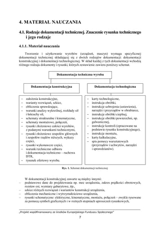 „Projekt współfinansowany ze środków Europejskiego Funduszu Społecznego”
7
4. MATERIAŁ NAUCZANIA
4.1. Rodzaje dokumentacji technicznej. Znaczenie rysunku technicznego
i jego rodzaje
4.1.1. Materiał nauczania
Tworzenie i użytkowanie wyrobów (urządzeń, maszyn) wymaga specyficznej
dokumentacji technicznej składającej się z dwóch rodzajów dokumentacji: dokumentacji
konstrukcyjnej i dokumentacji technologicznej. W skład każdej z tych dokumentacji wchodzą
różnego rodzaju dokumenty i rysunki, których zestawienie zawiera poniższy schemat.
Rys. 1. Schemat dokumentacji technicznej
W dokumentacji konstrukcyjnej zawarte są między innymi:
– podstawowe dane do projektowania np. moc urządzenia, zakres prędkości obrotowych,
rozstaw osi, wymiary gabarytowe, itp.,
– szkice różnych rozwiązań i wariantów konstrukcji urządzenia,
– obliczenia mechaniczne i wytrzymałościowe urządzenia,
– rysunki schematyczne: elektryczne, kinematyczne, montażu, połączeń – zwykle rysowane
za pomocą symboli graficznych i w rożnych stopniach uproszczeń rysunkowych,
− założenia konstrukcyjne,
− warianty rozwiązań, szkice,
− obliczenia sprawdzające,
− warunki analizy wykreślnej, rozkłady sił
i łańcuchy sił,
− schematy strukturalne i kinematyczne,
− schematy montażowe, połączeń,
− rysunki złożeniowe całości wyrobów,
z podanymi warunkami technicznymi,
− rysunki złożeniowe zespołów głównych
i zespołów rzędów niższych, wykazy
części,
− rysunki wykonawcze części,
− warunki techniczne odbioru
i dokumentacja techniczno – ruchowa
DTR,
− rysunek ofertowy wyrobu.
− karty technologiczne,
− instrukcja obróbki,
− instrukcje uzbrojenia (ustawienia),
narzędzi i przyrządów w obrabiarce,
− instrukcje obróbki cieplnej,
− instrukcje obróbki powierzchni, np.
galwanicznej,
− instrukcje kontroli (opracowane na
podstawie rysunku konstrukcyjnego),
− instrukcje montażu,
− karty kalkulacyjne,
− spis pomocy warsztatowych
(przyrządów i uchwytów, narzędzi
i sprawdzianów).
Dokumentacja techniczna wyrobu
Dokumentacja konstrukcyjna Dokumentacja technologiczna
 