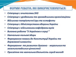 • Співпраця	з	вчителями	ЗНЗ
• Співпраця	з	урядовими	та	громадськими	організаціями
• Військово-патріотичні	ігри	та	естафети
• Співпраця	з	Міністерством	оборони	України
• Співпраця	з	військовими	кафедрами	вузів
• Виховна	робота	“З	Україною	в	серці	”
• Навчально-польові	збори
• Формування	поваги	до	Конституції	України	та	
державної	символіки
• Формування		та	розвиток	духовно	- моральних	та	
загальнолюдських	цінностей	
• Просвітня	та	навчальна	діяльність	серед	молоді
 