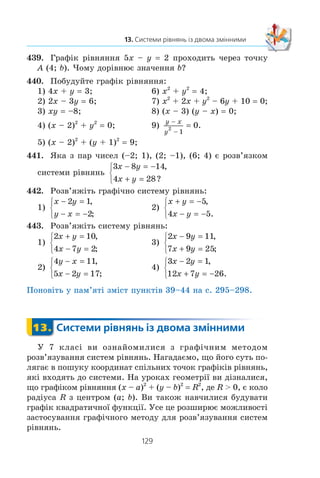 128
§ 2. КВАДРАТИЧНА ФУНКЦІЯ
432.* Äëÿ êîæíîãî çíà÷åííÿ a ðîçâ’ÿæ³òü ñèñòåìó íåð³âíî-
ñòåé:
1)
x x
x a
2
5 4 0− + 

⎧
⎨
⎩
,
;
2)
4 3 1 02
x x
x a
− −

⎧
⎨
⎩
m ,
.
433.* Äëÿ êîæíîãî çíà÷åííÿ a ðîçâ’ÿæ³òü ñèñòåìó íåð³âíî-
ñòåé:
1)
x x
x a
2
72 0− − 

⎧
⎨
⎩
,
;
2)
x x
x a
2
9 8 0− + 

⎧
⎨
⎩
,
.
ВПРАВИ ДЛЯ ПОВТОРЕННЯ
434. Âèêîíàéòå ìíîæåííÿ ³ ä³ëåííÿ äðîá³â:
1)
x xy
x
x y
x
2 2 2
3
6
9
2 12
+
+
−
+
: ;
2)
4 12 9
2 8
2 8 8
6 9
2 2
2 2
2 2
a ab b
a b
a ab b
a b
− +
−
− +
−
.
435. Çíàéä³òü çíà÷åííÿ âèðàçó, íå êîðèñòóþ÷èñü òàáëèöåþ
êâàäðàò³â ³ ì³êðîêàëüêóëÿòîðîì:
1) 20 66 330; 3) 2 18 3 30 5 15;
2) 3 125 3
; 4) 6 10 45 50.
436. Îäíà áðèãàäà ìîæå ç³áðàòè óðîæàé çà 12 äí³â. Äðóã³é
áðèãàä³ äëÿ âèêîíàííÿ ö³º¿ æ ðîáîòè ïîòð³áíî 75 % öüîãî
÷àñó. Ï³ñëÿ òîãî ÿê ïåðøà áðèãàäà ïðîïðàöþâàëà 5 äí³â,
äî íå¿ ïðèºäíàëàñÿ äðóãà áðèãàäà, ³ âîíè ðàçîì çàê³í÷èëè
ðîáîòó. Ñê³ëüêè äí³â áðèãàäè ïðàöþâàëè ðàçîì?
437. Ï³ä ÷àñ ïåðøî¿ ïî¿çäêè àâòîìîá³ëÿ âèòðàòèëè 10 %
áåíçèíó, ÿêèé áóâ ó áàö³, à ï³ä ÷àñ äðóãî¿ — 25 % â³ä
ðåøòè. Ï³ñëÿ öüîãî â áàö³ çàëèøèëîñÿ íà 13 ë ìåíøå
áåíçèíó, í³æ áóëî ñïî÷àòêó. Ñê³ëüêè ë³òð³â áåíçèíó áóëî
â áàö³ äî ïåðøî¿ ïî¿çäêè?
ГОТУЄМОСЯ ДО ВИВЧЕННЯ НОВОЇ ТЕМИ
438. ×è º ïàðà ÷èñåë (2; –3) ðîçâ’ÿçêîì ð³âíÿííÿ:
1) 4x – 3y 17; 2) x2
+ 5 y2
; 3) xy 6?
 