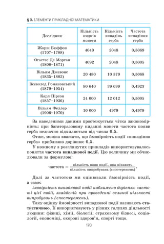 168
§ 3. ЕЛЕМЕНТИ ПРИКЛАДНОЇ МАТЕМАТИКИ
Óÿâ³ìî, ùî âèïóùåíî 1 000 000 ëîòåðåéíèõ á³ëåò³â ³ ðî-
ç³ãðóºòüñÿ îäèí àâòîìîá³ëü. ×è ìîæíà, ïðèäáàâøè îäèí
ëîòåðåéíèé á³ëåò, âèãðàòè öåé ïðèç? Çâ³ñíî, ìîæíà, õî÷à
öÿ ïîä³ÿ ìàëîéìîâ³ðíà. À ÿêùî ðîç³ãðóâàòèìóòüñÿ 10 àâòî-
ìîá³ë³â? Çðîçóì³ëî, ùî éìîâ³ðí³ñòü âèãðàøó çá³ëüøèòüñÿ.
ßêùî æ óÿâèòè, ùî ðîç³ãðóþòüñÿ 999 999 àâòîìîá³ë³â, òî
éìîâ³ðí³ñòü âèãðàøó ñòàº íàáàãàòî á³ëüøîþ.
Îòæå, ³ìîâ³ðíîñò³ âèïàäêîâèõ ïîä³é ìîæíà ïîð³âíþâàòè.
Îäíàê äëÿ öüîãî ñë³ä äîìîâèòèñÿ, ÿêèì ÷èíîì ê³ëüê³ñíî
îö³íþâàòè ìîæëèâ³ñòü ïîÿâè ò³º¿ ÷è ³íøî¿ ïîä³¿.
Ï³äñòàâîþ äëÿ òàêî¿ ê³ëüê³ñíî¿ îö³íêè ìîæóòü áóòè ðå-
çóëüòàòè ÷èñëåííèõ ñïîñòåðåæåíü àáî åêñïåðèìåíò³â. Òàê,
ëþäè äàâíî ïîì³òèëè, ùî áàãàòî ïîä³é â³äáóâàºòüñÿ ç ò³ºþ
÷è ³íøîþ, àëå, íà ïîäèâ, ïîñò³éíîþ ÷àñòîòîþ.
Äåìîãðàôàì1
äîáðå â³äîìå ÷èñëî 0,514. Ñòàòèñòè÷í³ äàí³,
îòðèìàí³ â ð³çí³ ÷àñè ³ â ð³çíèõ êðà¿íàõ, ñâ³ä÷àòü ïðî òå, ùî
íà 1000 íîâîíàðîäæåíèõ ïðèïàäàº â ñåðåäíüîìó 514 õëîï-
÷èê³â. ×èñëî 0,514 íàçèâàþòü ÷àñòîòîþ âèïàäêîâî¿ ïîä³¿
«íàðîäæåííÿ õëîï÷èêà». Âîíî âèçíà÷àºòüñÿ ôîðìóëîþ
÷àñòîòà
ê³ëüê³ñòü íîâîíàðîäæåíèõ õëîï÷èê³â
ê³ëüê³ñòü óñ³õ í

îîâîíàðîäæåíèõ
.
Íàãîëîñèìî, ùî öå ÷èñëî îòðèìàíî â ðåçóëüòàò³ àíàë³çó
áàãàòüîõ ñïîñòåðåæåíü. Ó òàêèõ âèïàäêàõ êàæóòü, ùî éìî-
â³ðí³ñòü ïîä³¿ «íàðîäæåííÿ õëîï÷èêà» ïðèáëèçíî äîð³âíþº
0,514.
1
Äåìîãðàô³ÿ — íàóêà ïðî íàðîäîíàñåëåííÿ.
 