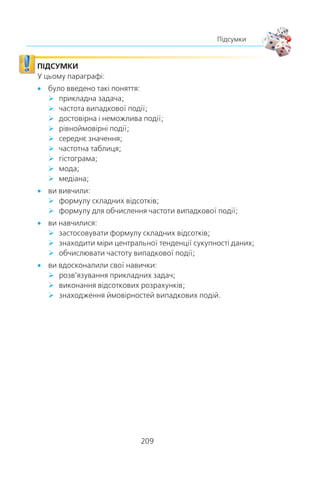 207
Завдання в тестовій формі «Перевір себе» № 4
7. Ö³íà äåÿêîãî òîâàðó ï³ñëÿ äâîõ ïîñë³äîâíèõ ï³äâèùåíü
çðîñëà íà 50 %, ïðè÷îìó ïåðøîãî ðàçó ö³íó áóëî
ï³äâèùåíî íà 20 %. Íà ñê³ëüêè â³äñîòê³â â³äáóëîñÿ
äðóãå ï³äâèùåííÿ?
À) íà 30 %; Á) íà 25 %; Â) íà 20 %; Ã) íà 15 %.
8. Øàôà êîøòóâàëà 1500 ãðí. Ñïî÷àòêó ¿¿ ö³íó çíèçèëè,
à ïîò³ì ï³äâèùèëè íà îäíå é òå ñàìå ÷èñëî â³äñîòê³â.
Ï³ñëÿ öüîãî øàôà ñòàëà êîøòóâàòè 1440 ãðí. Íà ñê³ëüêè
â³äñîòê³â çì³íþâàëè ùîðàçó ö³íó øàôè?
À) íà 20 %; Á) íà 15 %; Â) íà 10 %; Ã) íà 18 %.
9. Ñïëàâ ìàñîþ 800 ã ì³ñòèòü 15 % ì³ä³. Ñê³ëüêè ì³ä³ òðå-
áà äîäàòè äî öüîãî ñïëàâó, ùîá ì³äü ó íüîìó ñêëàäàëà
20 %?
À) 50 ã; Á) 40 ã; Â) 30 ã; Ã) 5 ã.
10. Ï³ñëÿ òîãî ÿê çì³øàëè 50-â³äñîòêîâèé ³ 20-â³äñîòêîâèé
ðîç÷èíè êèñëîòè, îòðèìàëè 600 ã 25-â³äñîòêîâîãî ðîç-
÷èíó. Ñê³ëüêè áóëî ãðàì³â 50-â³äñîòêîâîãî ðîç÷èíó?
À) 500 ã; Á) 300 ã; Â) 250 ã; Ã) 100 ã.
11. Ç íàòóðàëüíèõ ÷èñåë â³ä 1 äî 18 âêëþ÷íî ó÷åíü íàâìàí-
íÿ íàçèâàº îäíå. ßêà éìîâ³ðí³ñòü òîãî, ùî öå ÷èñëî º
ä³ëüíèêîì ÷èñëà 18?
À)
1
4
; Á)
1
3
; Â)
1
6
; Ã)
1
18
.
12. Ó ëîòåðå¿ ðîç³ãðóâàëîñü 12 êîìï’þòåð³â, 18 ôîòîàïàðàò³â
³ 120 êàëüêóëÿòîð³â. Óñüîãî áóëî âèïóùåíî 15 000 ëî-
òåðåéíèõ á³ëåò³â. ßêà éìîâ³ðí³ñòü, ïðèäáàâøè îäèí
á³ëåò, íå âèãðàòè æîäíîãî ïðèçó?
À)
1
10
; Á)
1
100
; Â)
9
10
; Ã)
99
100
.
13. Ç äâîöèôðîâèõ ïàðíèõ ÷èñåë íàâìàííÿ âèáèðàþòü îäíå
÷èñëî. ßêà éìîâ³ðí³ñòü òîãî, ùî öå ÷èñëî áóäå êðàòíèì
÷èñëó 7?
À)
1
9
; Á)
7
45
; Â)
1
14
; Ã)
2
15
.
 