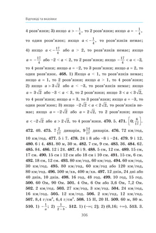 304
Відповіді та вказівки
2) [0; 2]; 3) (–1; 2) c (2; 9); 4) (–f; –5) c (–5; –3) c (5;
+f); 5) (–f; –8] c [1; 4) c (4; +f); 6) [–11; –3) c (–3; 1].
427. 1) (–f; 0) c (0; 2) c (3; +f); 2) (4; +f); 3) (–f; –3) c
c (–3; –2) c (3; +f); 4) −⎡
⎣⎢ )1
3
1 1 3; ( ; ].c 428. 1) –4  x  –3
àáî x  5; 2) –4 m x m –3 àáî x t 5; 3) x  –4; 4) x m –4, àáî
x –3, àáî x 5. 429. 1) 3  x  7; 2) 3 m x m 7 àáî x –2;
3) –2  x  3; 4) –2 m x m 3 àáî x 7. 430. 1) Ïðè a  4;
2) ïðè 1
3
5
m ma ; 3) ïðè 0
1
2
 a ; 4) ïðè a !
5
3
. 431. 1) Ïðè
a l 9; 2) ïðè 3 m a m 7; 3) ïðè a l 1. 432. 1) ßêùî a  1,
òî a  x  1 àáî x  4; ÿêùî 1 m a m 4, òî x  4; ÿêùî a  4,
òî x  a; 2) ÿêùî a m 
1
4
, òî ðîçâ’ÿçê³â íåìàº; ÿêùî
− 
1
4
1a m , òî − 
1
4
m x a; ÿêùî a  1, òî 
1
4
1m mx .
433. 1) ßêùî a m –8, òî –8  x  9; ÿêùî –8  a  9, òî
a  x  9; ÿêùî a t 9, òî ðîçâ’ÿçê³â íåìàº; 2) ÿêùî a  1,
òî x  a; ÿêùî 1 m a m 8, òî x  1; ÿêùî a  8, òî x  1 àáî
8  x  a. 436. 3 äí³. 437. 40 ë. 446. 1) (5; 8), (–3; 0); 2) (4; 1),
(1;4);3) (–1;1),(–3;–1);4) (6;1),(–6;–2);5) (5;3),(–1,5;–10);
6) (2; –2). 447. 1) (–4; –7), (7; 4); 2) (2; 4), (–5; –3);
3) (–1; 4), (–0,5; 2,5); 4) (4; 2), (20; –14). 448. 1) 2 ðîçâ’ÿçêè;
2) 3 ðîçâ’ÿçêè; 3) 1 ðîçâ’ÿçîê; 4) 2 ðîçâ’ÿçêè; 5) ðîçâ’ÿçê³â
íåìàº; 6) 3 ðîçâ’ÿçêè. 449. 1) 2 ðîçâ’ÿçêè; 2) ðîçâ’ÿçê³â íå-
ìàº; 3) 2 ðîçâ’ÿçêè; 4) 4 ðîçâ’ÿçêè. 450. 1) (4; 3); 2) (0; 0),
(–2,4; 4,8); 3) (4; –3), (17; 10); 4) (9; –4), (4; 1); 5) (2; 2,5),
(–4,4; –2,3); 6) (4; –1), (0; 3). 451. 1) (6; 9), (–9; –6); 2) (1; 0),
(–0,5; 0,75); 3) (2; 4), (3; 3); 4) (1; 1),
17
3
38
3
; .( ) 452. 1)
1
3
0; ,( )
(–2; –7); 2) (2; 2), (–1; –4); 3) (1; 0), (5; –4); 4) (2; 3),
2
3
43
9
; .( )
453. (–4; –1). 454. 2) (0,5; 5,5); 3) (–4; 52), (3; 3). 455. 1) (3; 4),
 