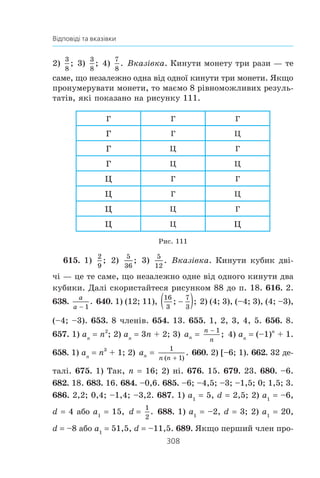 306
Відповіді та вказівки
4 ðîçâ’ÿçêè; 3) ÿêùî a  −
1
4
, òî 2 ðîçâ’ÿçêè; ÿêùî a = −
1
4
,
òî îäèí ðîçâ’ÿçîê; ÿêùî a  −
1
4
, òî ðîçâ’ÿçê³â íåìàº;
4) ÿêùî a  −
17
4
àáî a  2, òî ðîçâ’ÿçê³â íåìàº; ÿêùî
a = −
17
4
àáî –2  a  2, òî 2 ðîçâ’ÿçêè; ÿêùî −   −
17
4
2a ,
òî 4 ðîçâ’ÿçêè; ÿêùî a –2, òî 3 ðîçâ’ÿçêè; ÿêùî a 2, òî
îäèí ðîçâ’ÿçîê. 468. 1) ßêùî a  1, òî ðîçâ’ÿçê³â íåìàº;
ÿêùî a 1, òî 2 ðîçâ’ÿçêè; ÿêùî a  1, òî 4 ðîçâ’ÿçêè;
2) ÿêùî a ! 3 2 àáî a  –3, òî ðîçâ’ÿçê³â íåìàº; ÿêùî
a 3 2 àáî –3  a  3, òî 2 ðîçâ’ÿçêè; ÿêùî 3 3 2 a ,
òî 4 ðîçâ’ÿçêè; ÿêùî a 3, òî 3 ðîçâ’ÿçêè; ÿêùî a –3, òî
îäèí ðîçâ’ÿçîê; 3) ÿêùî −  2 2 2 2a , òî ðîçâ’ÿçê³â íå-
ìàº; ÿêùî a = −2 2 àáî a 2 2, òî 2 ðîçâ’ÿçêè; ÿêùî
a  −2 2 àáî a ! 2 2, òî 4 ðîçâ’ÿçêè. 470. 5. 471. 0
6
17
; .⎡
⎣⎢
⎤
⎦⎥
472. 40. 475. 7
2
17
äèíàð³ÿ, 9
14
17
äèíàð³ÿ. 476. 72 êì/ãîä,
10 êì/ãîä. 477. 5 ³ 7. 478. 24 ³ 8 àáî –8 ³ –24. 479. 9 ³ 12.
480. 6 ³ 4. 481. 80 ì, 30 ì. 482. 7 ñì, 9 ñì. 483. 36. 484. 62.
485. 84. 486. 12 ³ 24. 487. 6 ³ 9. 488. 5 ñì, 12 ñì. 489. 15 ñì,
17 ñì. 490. 15 ñì ³ 12 ñì àáî 18 ñì ³ 10 ñì. 491. 15 ñì, 6 ñì.
492. 18 ñì, 12 ñì. 493. 80 êì/ãîä, 60 êì/ãîä. 494. 60 êì/ãîä,
30 êì/ãîä. 495. 80 êì/ãîä, 60 êì/ãîä àáî 120 êì/ãîä,
80 êì/ãîä. 496. 500 ì/õâ, 400 ì/õâ. 497. 12 äí³â, 24 äí³ àáî
40 äí³â, 10 äí³â. 498. 16 ãîä, 48 ãîä. 499. 10 ãîä, 15 ãîä.
500. 60 Îì, 90 Îì. 501. 4 Îì, 6 Îì àáî 3,6 Îì, 7,2 Îì.
502. 2 êì/ãîä. 503. 27 êì/ãîä, 3 êì/ãîä. 504. 24 êì/ãîä,
16 êì/ãîä. 505. 12 êì/ãîä. 506. 2 êì/ãîä, 12 êì/ãîä.
507. 8,4 ã/ñì3
, 6,4 ã/ñì3
. 508. 15 Í, 20 Í. 509. 60 ì, 80 ì.
510. 1) 
1
a
; 2)
1
2  b
. 512. 1) (–f; 2]; 2) (0,16; +f). 513. 3.
 