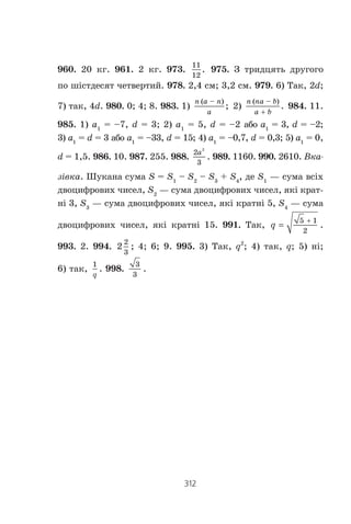 310
Відповіді та вказівки
803. 80, 40, 20, 10, 5 àáî 80, –40, 20, –10, 5. 804. 6, 18, 54,
162, 486 àáî 6, –18, 54, –162, 486. 805. 1) b1 2 3, q 3
àáî b1 2 3= − , q = − 3; 2) b1
162, q
1
3
; 3) b1
7, q –2
àáî b1
14
9
, q –3. 806. 1) b1
1
2
, q 4; 2) b1
–1, q 3.
807. Ïðè x 1 ìàºìî 3, 6, 12; ïðè x –14 ìàºìî –27, –9,
–3. 808. Ïðè x 2 ìàºìî 8, 4, 2; ïðè x –7 ìàºìî –1, –5,
–25. 810. 96, 48, 24, 12, 6, 3. 811. 3, 7, 11. 812. 8, 10, 12
àáî 17, 10, 3. 813. 5, 15, 45 àáî 45, 15, 5. 814. 2, 6, 18 àáî
18, 6, 2. 819. Çà 2 äí³. 824. 1) 1456; 2) 155 5 5+( ).
825. 762. 826. 1210. 827. –68,2. 828. 27. 829. –7 àáî 6.
830. 16 ðàí. 831. 5. 832. (272
– 1) áàêòåð³é. 833. 72. 834.
9
8
.
835. 4368. 836. –12 285. 839. 5. 840. 1) −⎡
⎣⎢
⎤
⎦⎥
18
7
13; ; 2) [–1; 4).
843. 50 äåòàëåé, 40 äåòàëåé. 844. 1) b – 5a; 2) x + 2y.
851. 1) 2 2 1−( ); 2)
9 3 1
2
+( )
; 3)
3 3 5
2

. 852. 1)
3 6 2
2
+( )
;
2) 3 2 4 . 853. 35. 854. 
1
12
. 855. 1) 16 8 2 àáî 16 8 2 ;
2) 27. 856. 1) 243; 2) 312,5. 858. b1
1, q
1
2
àáî b1
3,
q = −
1
2
. 859. b1
192, q
1
4
. 860. 27 9 3 àáî 27 9 3 .
861.
25 5 5
2
+( )
àáî
25 5 5
2
−( )
. 862. 1)
3
4
; 2) –3. 863. 
1
4
àáî
1
4
. 864.
2
5
. 865. 
1
3
àáî
1
3
. 866. 2a2
. 867. 1) 6 3R ; 2) R2
3;
3) 4SR; 4)
4
3
2
SR . 868. 1) 4 2 2a +( ); 2) 2a2
; 3) πa 2 2+( );
4)
Sa
2
2
. 870. Ðèñóíîê 112. 892. 6. 895. 1) [0; +f); 2) −∞ −( ⎤
⎦⎥; ;
2
3
3)
5
4
; ;+ ∞( ) 4) ‡; 5) R. 896. 2. 897. 0. 899. 1) (1; +f);
 