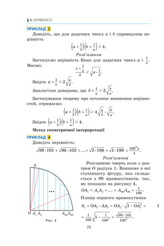 28
§ 1. НЕРІВНОСТІ
ПРИКЛАД 3
Äîâåä³òü, ùî äëÿ äîäàòíèõ ÷èñåë a ³ b ñïðàâåäëèâà íå-
ð³âí³ñòü
a b
b a
+( ) +( )1 1
4l .
Ðîçâ’ÿçàííÿ
Çàñòîñóºìî íåð³âí³ñòü Êîø³ äëÿ äîäàòíèõ ÷èñåë a ³
1
b
.
Ìàºìî:
a
b
b
a

1
2
1
l .
Çâ³äñè a
b
a
b

1
2l .
Àíàëîã³÷íî äîâîäèìî, ùî b
a
b
a

1
2l .
Çàñòîñóâàâøè òåîðåìó ïðî ïî÷ëåííå ìíîæåííÿ íåð³âíî-
ñòåé, îòðèìàºìî:
a b
b a
a
b
b
a
+( ) +( )1 1
4l .
Çâ³äñè a b
b a
+( ) +( )1 1
4l .
Ìåòîä ãåîìåòðè÷íî¿ ³íòåðïðåòàö³¿
ПРИКЛАД 4
Äîâåä³òü íåð³âí³ñòü:
99 101 98 102 2 198 1 199
100
4
2
... .+ + + + 
π
Ðîçâ’ÿçàííÿ
Ðîçãëÿíåìî ÷âåðòü êîëà ç öåí-
òðîì Î ðàä³óñà 1. Âïèøåìî â íå¿
ñòóï³í÷àñòó ô³ãóðó, ÿêà ñêëàäà-
ºòüñÿ ç 99 ïðÿìîêóòíèê³â, òàê,
ÿê ïîêàçàíî íà ðèñóíêó 4,
OA A A A A1 1 2 98 99
1
100
... .
Ïëîùà ïåðøîãî ïðÿìîêóòíèêà
S OA AA OA OA1 1 1 1 1
2
1 1= = − =
2 21
1
100
1
100
99 101
100
.= − =
Ðèñ. 4
A1
A2
A98
A99
O
A
 