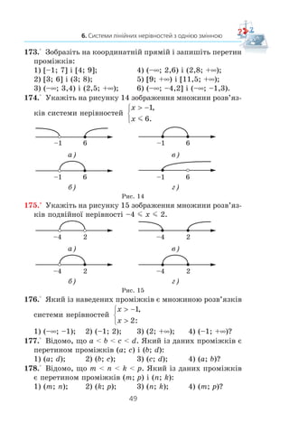48
§ 1. НЕРІВНОСТІ
1. Що називають областю визначення виразу?
2. У яких випадках кажуть, що треба розв’язати систему нерів-
ностей?
3. За допомогою якого символу записують систему нерівностей?
4. Що називають розв’язком системи нерівностей з однією
змінною?
5. Що означає розв’язати систему нерівностей?
6. Поясніть, що називають перетином двох проміжків.
7. Яким символом позначають перетин проміжків?
8. Опишіть алгоритм розв’язування системи нерівностей.
9. Як записують, читають і зображують проміжок, який є множиною
розв’язків нерівності виду a m x m b? a  x  b? a  x m b? a m x  b?
167.° ßê³ ç ÷èñåë –6; –5; 0; 2; 4 º ðîçâ’ÿçêàìè ñèñòåìè íå-
ð³âíîñòåé:
x
x
− 
−
⎧
⎨
⎩
2 0
2 10
,
?m
168.° Ðîçâ’ÿçêîì ÿêî¿ ³ç ñèñòåì íåð³âíîñòåé º ÷èñëî –3:
1)
x
x
 −

⎧
⎨
⎩
4
8
,
;
2)
x
x
 −

⎧
⎨
⎩
4
8
,
;
3)
x
x
l
l
−⎧
⎨
⎩
3
6
,
;
4)
x
x
+  −
− 
⎧
⎨
⎩
1 1
2 0
,
?
169.° Çîáðàç³òü íà êîîðäèíàòí³é ïðÿì³é ïðîì³æîê:
1) (–3; 4); 2) [–3; 4]; 3) [–3; 4); 4) (–3; 4].
170.° Çîáðàç³òü íà êîîðäèíàòí³é ïðÿì³é ³ çàïèø³òü ïðîì³-
æîê, ÿêèé çàäàºòüñÿ íåð³âí³ñòþ:
1) 0  x  5; 3) 0,2 m x  102;
2)
1
6
1
7
2 x m ; 4) –2,4 m x m –1.
171.° Çàïèø³òü óñ³ ö³ë³ ÷èñëà, ÿê³ íàëåæàòü ïðîì³æêó:
1) [3; 7]; 2) (2,9; 6]; 3) [–5,2; 1); 4) (–2; 2).
172.° Óêàæ³òü íàéìåíøå ³ íàéá³ëüøå ö³ë³ ÷èñëà, ÿê³ íàëå-
æàòü ïðîì³æêó:
1) [–12; –6]; 3) (–10,8; 1,6];
2) (5; 11]; 4) [–7,8; –2,9].
 
