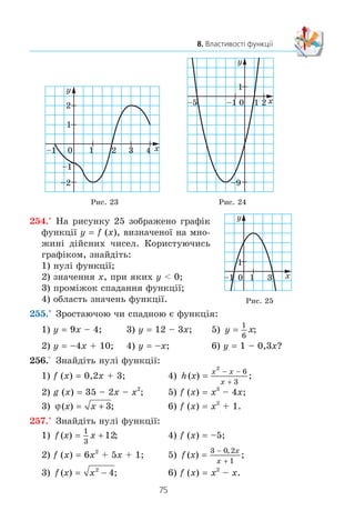74
§ 2. КВАДРАТИЧНА ФУНКЦІЯ
250.° Íà ðèñóíêó 21 çîáðàæåíî ãðàô³ê ôóíêö³¿ y f (x),
âèçíà÷åíî¿ íà ìíîæèí³ ä³éñíèõ ÷èñåë. Êîðèñòóþ÷èñü
ãðàô³êîì, çíàéä³òü:
1) íóë³ ôóíêö³¿;
2) ïðè ÿêèõ çíà÷åííÿõ àðãóìåíòó çíà÷åííÿ ôóíêö³¿ äî-
äàòí³;
3) ïðîì³æêè çðîñòàííÿ ³ ïðîì³æêè ñïàäàííÿ ôóíêö³¿.
251.° Íà ðèñóíêó 22 çîáðàæåíî ãðàô³ê ôóíêö³¿ y f (x),
âèçíà÷åíî¿ íà ìíîæèí³ ä³éñíèõ ÷èñåë. Êîðèñòóþ÷èñü
ãðàô³êîì, çíàéä³òü:
1) íóë³ ôóíêö³¿;
2) ïðè ÿêèõ çíà÷åííÿõ àðãóìåíòó çíà÷åííÿ ôóíêö³¿
â³ä’ºìí³;
3) ïðîì³æêè çðîñòàííÿ ³ ïðîì³æêè ñïàäàííÿ ôóíêö³¿.
252.° Íà ðèñóíêó 23 çîáðàæåíî ãðàô³ê ôóíêö³¿, âèçíà÷åíî¿
íà ïðîì³æêó [–1; 4]. Êîðèñòóþ÷èñü ãðàô³êîì, çíàéä³òü:
1) íóë³ ôóíêö³¿;
2) ïðè ÿêèõ çíà÷åííÿõ x çíà÷åííÿ ôóíêö³¿ â³ä’ºìí³;
3) ïðîì³æêè çðîñòàííÿ ³ ïðîì³æêè ñïàäàííÿ ôóíêö³¿.
253.° Íà ðèñóíêó 24 çîáðàæåíî ãðàô³ê ôóíêö³¿ y f (x),
âèçíà÷åíî¿ íà ìíîæèí³ ä³éñíèõ ÷èñåë. ßê³ ç äàíèõ òâåð-
äæåíü º ïðàâèëüíèìè:
1) ôóíêö³ÿ ñïàäàº íà ïðîì³æêó (–f; –9];
2) f (x)  0 ïðè –5 m x m 1;
3) ôóíêö³ÿ çðîñòàº íà ïðîì³æêó [–2; +f);
4) f (x) 0 ïðè x –5 ³ ïðè õ 1;
5) ôóíêö³ÿ íà îáëàñò³ âèçíà÷åííÿ íàáóâàº íàéìåíøîãî
çíà÷åííÿ ïðè x –2?
0
2
4
2
1
–1
3 x
y
1–1–2–3
0 2
1
x
y
1–1
–1
Ðèñ. 21 Ðèñ. 22
 