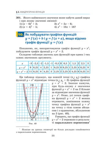 87
9. Як побудувати графік функції y = kf (x)
294.x
Äîâåä³òü, ùî ôóíêö³ÿ y ax2
ïðè a  0 ñïàäàº íà ïðî-
ì³æêó (–f; 0] ³ çðîñòàº íà ïðîì³æêó [0; +f).
295.x
Äîâåä³òü, ùî ôóíêö³ÿ y ax2
ïðè a  0 çðîñòàº íà ïðî-
ì³æêó (–f; 0] ³ ñïàäàº íà ïðîì³æêó [0; +f).
296.x
Ïîáóäóéòå ãðàô³ê ôóíêö³¿:
y
x x
x x
x x
=
−
−  
−
⎧
⎨
⎪
⎩
⎪
2
2
2
2 2 2
2
, ,
, ,
, .
ÿêùî
ÿêùî –
ÿêùî
m
l
Êîðèñòóþ÷èñü ïîáóäîâàíèì ãðàô³êîì, çíàéä³òü ïðîì³æêè
çðîñòàííÿ ³ ïðîì³æêè ñïàäàííÿ ôóíêö³¿.
297.x
Ïîáóäóéòå ãðàô³ê ôóíêö³¿:
y
x
x x
x x
=
−  −
− −

⎧
⎨
⎪
⎩
⎪
2 1
2 1 0
2 0
2
2
, ,
, ,
, .
ÿêùî
ÿêùî
ÿêùî
m m
Êîðèñòóþ÷èñü ïîáóäîâàíèì ãðàô³êîì, çíàéä³òü ïðîì³æêè
çðîñòàííÿ ³ ïðîì³æêè ñïàäàííÿ ôóíêö³¿.
ВПРАВИ ДЛЯ ПОВТОРЕННЯ
298. Äîâåä³òü òîòîæí³ñòü:
m n
m mn
m
mn n
n
m mn m n
n m
n
−
+ + − +
−
−( ) +( )=2 2
2
3 2
1
: .
299. Ñïðîñò³òü âèðàç:
1) ( ) ,a b 2
ÿêùî b l a;
2) c c2
6 9  , ÿêùî c l –3;
3)
( )
,
m
m m
−
− +
5
10 25
4
2 ÿêùî m  5.
300. Äëÿ ïåðåâåçåííÿ 45 ò âàíòàæó ïëàíóâàëè âçÿòè ìà-
øèíó ïåâíî¿ âàíòàæîï³äéîìíîñò³. Ïðîòå ÷åðåç ¿¿ íåñïðàâ-
í³ñòü äîâåëîñÿ âçÿòè ³íøó ìàøèíó, âàíòàæîï³äéîìí³ñòü
ÿêî¿ íà 2 ò ìåíøà, í³æ ó ïåðøî¿. ×åðåç öå çíàäîáèëîñÿ
çðîáèòè íà 6 ðåéñ³â á³ëüøå çà çàïëàíîâàí³. Çíàéä³òü
âàíòàæîï³äéîìí³ñòü ìàøèíè, ÿêà ïåðåâåçëà âàíòàæ.
 