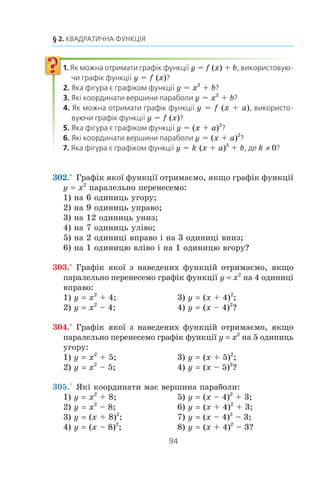 93
10. Як побудувати графіки функцій y = f (x) + b і y = f (x + a)
²ç öüîãî ïðèêëàäó ñòàº çðîçóì³ëèì àëãîðèòì ïîáóäîâè
ãðàô³êà ôóíêö³¿ y kf (x + a) + b, çîêðåìà y k (x + a)2
+ b.
Ãðàô³êîì ôóíêö³¿ y = k (x + a)2
+ b, k 0, º ïàðàáîëà, ÿêà
äîð³âíþº ïàðàáîë³ y = kx2
³ âåðøèíà ÿêî¿ çíàõîäèòüñÿ
â òî÷ö³ (–a; b).
ПРИКЛАД 3
Ïîáóäóéòå ãðàô³ê ôóíêö³¿ y –2x2
– 20x – 47.
Ðîçâ’ÿçàííÿ
Ìàºìî:
–2x2
– 20x – 47 –2x2
– 20x – 50 + 3 –2 (x + 5)2
+ 3.
Ìè ïîäàëè ôîðìóëó, ùî çàäàº äàíó ôóíêö³þ, ó âèãëÿä³
y kf (x + a) + b, äå f (x) x2
, k –2, a 5, b 3.
Ñõåìà ïîáóäîâè ìàº òàêèé âèãëÿä:
y –2x2
óë³âî
íà 5 îä.
y –2 (x + 5)2
óãîðó
íà 3 îä.
y –2 (x + 5)2
+ 3
Ïîáóäîâàíèé ãðàô³ê º ïàðàáîëîþ ç âåðøèíîþ â òî÷ö³
(–5; 3), ÿêà äîð³âíþº ïàðàáîë³ y –2x2
(ðèñ. 50).
x
y
0
1
1
y = –2x2
y = –2(x + 5)2
+ 3
y = –2(x + 5)2
Ðèñ. 50
 