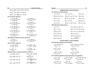 96 Тренувалып вправи
12) (x + 2)2
(.Y-3)3
(;c-4)4
(;c-6)5
< 0 ;
13) (л:2
+2;с-3)(;Г+Зд: + 6)<0;
14) (х2
+2х-Щ(4х-х2
-5)>0.
137. Розв'яжпъ нер1вн1сть:
1) Х
ГЗХ
~1
*>0; 6)^^>0;
X--10JC + 25 *2
+4д--5
2) Х
*-ЗХ
~1
*>0; 7 ) 4 ±
^ ± 1
< 0 ;
;c2
-10jt + 25 *2
+4;г-5
3) ^ - 3 л
- 1 8
< 0 ; 8 ) * 2
2
+ 4 х + 4
< 0 ;
л2
-Юлг + 25 х 2
+ 4 х - 5
^ - 3 , - 1 8 * » - f a + 8
х2
-10х + 25 | х - 8 |
5 ) ^ > 0 ; 10) '* + 11
>0.
х2
+4дг-5 х2
+4.т-12
138. Знайдпъ множину розв'язшв HepiBHOCTi:
1 ) 4 ^ ^ 0 ; 2) *2
-6
*+ 9
< 0 .
л 2
- 2 5 х2
-8;с + 15
139. Розв'яжпь нер1вн1сть:
JC-4 Зх + 8 „. х2
+%х „ 20
i)^-r<^f; 3)
х-5 х-5 х+6 х+6
2 ) - ^ - > 1 ; 4 ) ^ , - 1 6 .
Зх-4 х-3
140. ДЛЯ КОЖНОГО значения а розв'яжпъ нер1внкть:
1)(х + б)(*-в)>0; 5)(х-а)(х-1)2
<0;
2)(х + 6)(х-а)2
<0; 6)|^>0;
3)(х + 6)(х-а)2
<0; 7) ( x +
^ * " f l )
<!0;
4 ) ( , - а ) ( , - 1 ) 2
< 0 ; 8 ) ^ ± | f c ^ > 0 .
BapiaHT 3 97
Графис р1вняння з двома змшними
141. Побудуйте графис р1вняння:
1) у = Зх-4; 6)х2
+у2
=16; 11)|л-| = 5;
2) Злг + 4>>-12 = 0; 7)(х + 1)2
+(>>-3)2
=25; 12) у = 2;
3)5>' + л = 0; 8) х2
+0> + 2 ) 2
= 8 ; 13) ху = - 8 ;
4).v + 3 = 0; 9 ) ^ = дг2
+4х; И)|лу| = 4;
5)у-6 = 0; 1 0 ) x 2
- . y - 2 x - 3 = 0; 15) у = х + 2.
142. Побудуйте графк р1вняння:
1 ) * — / ; 7)(х + 4)2
+ 0 , - 4 ) 2
= 0 ;
2)х-у = 2; Ъ) х2
+у2
-2х + 4у + 5 = 0;
3) |3х + .у| = 2; 9)л:2
+4;с + >'2
-6.у-3 = 0;
4).г2
-9>>2
=0; 10)1*1 + 1^1 = 7;
5 ) 1 6 * 2
- 7 2
= 0 ; l l ) 3 f * | - 2 | y | - 5 j
6) 5x2
+8,v2
= 0; 12) у = ^1зб-х2
.
Системи р1внянь з двома змшними
143. Розв'яжпъ граф1чно систему р1внянь:
1)у = хг
+2х-2, 4) J(.r-3)2
+(^ + l)2
=13;
у = 2-х; [*->'-5 = 0;
2)х2
+у = 5, 5>)jxy = 6,
х-у = 7; х-у = 5;
x2
+ y2
=0, f-sjx2
+y2
=20,3) * +
У =ш
> 6) ,
[>' = х-2; [ху = -
144. Установив граф1чно юльюсть розв'язюв системи р1внянь:
l)
y-* + U '{y^x'+S; )
y = 2x2
-2;
2)h3x2
~l' 4 ) h = ~8
' 2 6)(| y ,
V'
'y = -4x2
; J
y = 4-0,3x2
; 'y = x2
+4x-L
 