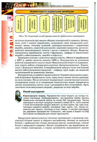 Іромисловість будівельних матеріалів
п
m
О
а
Мал. 75. Галузевий склад промисловості будівельних матеріалів
на кілька відсотків зріс випуск збірних конструкцій із цементу, бетону,
скла, плит і плиток керамічних, шлаковати, вати мінеральної силі­
катної, вапна, гіпсових сумішей, санітарно-технічних і керамічних
виробів, цементу, ємностей для напоїв і харчових продуктів, цегли ке­
рамічної невогнетривкої, блоків і цегли з цементу, бетону. Водночас
зменшилося виробництво листів гофрованих, шиферу й аналогічних
виробів з азбестоцементу, виробів з асфальту.
Провідною галуззю є цементна промисловість. Обсяги іі виробництва
у 2007 р. майже досягли значень 1990 р. Пояснюється це успішною
роботою підприємств галузі в Івано-Франківській області та підвиш,ен-
ням темпів роботи підприємств-велетнів Дніпропетровської, Харків­
ської і Донецької областей. З виробництвом цементу тісно пов’язаний
випуск азбестоцементної продукції - шиферу, труб, муфт, що зазвичай
організований на цементних заводах.
Підприємства склоробної промисловості України випускають широ­
кий асортимент будівельного скла, серед якого левова частка припадає
на скло віконне. Після потужної модернізації і реконструкції кількох
підприємств галузі та зі створенням технологічно нових підприємств
значно поліпшилась якість скла і розширився його асортимент. Крім
листового скла випускають вітражі, дзеркала та інші вироби.
РеалГі' сьогодення
Корпорація-лідер. Підприємства галузі входять до складу по­
тужної корпорації «Укрбудматеріали», яка виробляє майже третину
будівельних матеріалів країни на понад 250 підприємствах. Частка
корпорації в експорті продукції становить майже 20 %, тобто кожний
п’ятий виготовлений продукт вивозять за межі країни. Це, крім скла,
санітарно-керамічні вироби, консервна тара, каолін, гіпс, плитка ке­
рамічна для підлоги, лінолеум та інші товари. У системі корпорації
діє державне підприємство «Спецскло», яке єдине в Україні та СНД
виготовляє скловироби для літаків і вертольотів.
Продукцією промисловості стінових матеріалів є і величезні кон­
струкції (стінові панелі зі збірного залізобетону, бетонні та силікатні
блоки), і дрібноштучні стінові матеріали (цегла, шлакоблоки, стінові
блоки з природного каменю). Багато підприємств, що виробляють ве­
ликі стінові конструкції, в перше десятиліття незалежності значно
 