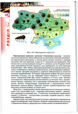 q
m
O
й
льське господарство
Частка посівів картоплі
у ПОСІВНІЙ ПЛОЩІ (у відсотках)
:чеонігів
7 10 15
1/^: Р " Г Ч Ш 'їе р «0 П ІЛ 1 ,'Х Ж !Л Ь Н И Ц Ь І^
^Цуано-Ф^Іиї^ І
Посівні площі картоплі (тис. га)
< 'Ч-Г'"ч J А Дніоерпетроаськ*' /
К і р о в о г р а д о м 1 О
« А --
'ЛЧ*' '
/lyrScw
СЬіфеїюіюьо
Севастолой^^
Мал. 101. Вирощування картоплі
Вирощування картоплі, овочевих і баштанних культур - важливі
галузі рослинництва. Вони забезпечують населення цінними вітамінни­
ми продуктами харчування, а також мають велике технічне і кормове
значення. На них припадає понад 47 % продукції рослинництва. Під
посіви цих культур відведено понад 8 % посівних площ України. Особ­
ливо виділяються посіви картоплі, яку вирощують по всій території
України (мал. 101). Однак найсприятливішими для вирощування кар­
топлі є кліматичні і ґрунтові умови Полісся, де й зосереджені найбіль­
ші її посіви. Потреби населення в картоплі забезпечуються повністю
власним виробництвом. В Україні вирощують майже 40 видів різних
овочевих культур, під які відведено всього близько 2 % посівних
площ. Середньорічний збір овочів становить 5 -6 млн тонн. Основні
господарства з вирощування овочів тяжіють до великих міст, промис­
лових центрів, курортів, які є основними споживачами овочевої про­
дукції. Великі спеціалізовані підприємства з вирощування овочів
розміщені навколо Києва, Харкова, Львова, Дніпропетровська, про­
мислових центрів Донбасу та інших міст.
Крім того, у вирощуванні овочів простежується й зональна спеціалі­
зація. Так, теплолюбні овочі - помідори, баклажани, перець - вирощу­
ють переважно в степовій зоні. У лісостепу культивують здебільшого
огірки, а в Поліссі - холодостійкі культури, зокрема капусту, горох,
столовий буряк, моркву.
Кавуни і дині, так звані баштанні культури, вирощують переважно на
півдні та південному сході України. Лідером з вирощування цих культур
є Херсонська область, продукція якої знана далеко за межами області.
 