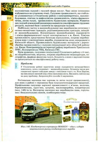 212
4
m
О
й
■ко-географічний поділ України
наукомістких галузей і галузей сфери послуг. Такі зміни інтенсивно
відбуваються на сучасному етапі. Галузями промисловості, що стабіль­
но розвиваються в Столичному районі є електроенергетика, машино­
будування, хімічна та нафтохімічна промисловість, хіміко-фармацев-
тична, лісова галузі, промисловість будівельних матеріалів. Розвиток
цих галузей зумовлений насамперед наявністю кваліфікованих трудових
ресурсів, наукової бази і попитом на продукцію галузей.
Найбільшу частку в машинобудуванні має виробництво оптичних і
оптико-механічних приладів, радіовимірювальних приладів, авіацій­
не машинобудування. Концентрація машинобудівних підприємств
і хіміко-фармацевтичної галузі спостерігається в м. Києві. Хімічна
промисловість представлена багатьма підгалузями, зокрема виробни­
цтвом шин і гумотехнічних виробів, підприємства яких зосереджені в
Київській області. Промисловість будівельних матеріалів і дерево­
обробна промисловість є галуззю спеціалізації всіх областей району
і м. Києва. Електроенергію на території району виробляють Трипільська
ГРЕС, Білоцерківська ТЕЦ, Київська ГЕС.
Крім названих, галузями спеціалізації Столичного району є й такі,
як мікробіологічна, медична, зокрема виробництво медапаратури, по­
ліграфічна, фарфоро-фаянсова галузі, більшість з яких є наукомісткими
та орієнтуються на кваліфіковану робочу силу.
П роблема
У Столичному районі практично немає підприємств металургійного
комплексу, хоча є споживач - машинобудування. Останнім часом роз­
глядається проект побудови заводу з виплавки сталі у м. Біла Церква,
що викликало значний опір з боку населення міста. Висловіть свій погляд
на дану проблему. Запропонуйте способи її вирішення.
Регіональне значення має харчова та легка галузі промисловості,
для яких в районі є сировинна база сільськогосподарської продукції.
Профільними галузями харчової промисловості є м’ясна, молочна,
борошномельна, круп’яна, цукрова, маслосироробна, кондитерська
(мал. 140) та ін. Експортне значення має виробництво пива, горілча­
них і безалкогольних напоїв, комбікормів тощо.
і - ’ ’ ь Х
fu70()M»w знак Якгкщ
Мал. 140. Кондитерська корпорація ROSHEN - один з лідерів
національного ринку кондитерських виробів
 