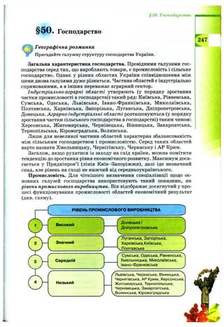 §50. Господарство
§ 5 0 . Господарство
РІВЕНЬ ПРОМИСЛОВОГО ВИРОБНИЦТВА
J
Високий Донецька і
Дніпропетровська
Значний
Середній
ґ Луганська, Запорізька,
Харківська,Київська,
уПолтавська_________________^
Сумська, Одеська, Рівненська,
Хмельницька, ІМиколаївська,
Івано-Франківська
V
1 f Л Л ь в ів с ь к а , Ч еркаська, В ін н и ц ь к а ,^
Низький
Ч ернігівська, АР К рим , Херсонська,
Ж и том ир ська, Тернопільська,
Ч ернівецька, З акарпатська,
V J ^ В о л и н с ь ка , К ір о во гр а д ська у
^47
Географ ічна розм инка
Пригадайте галузеву структуру господарства України.
Загальна характеристика господарства. Провідними галузями гос­
подарства серед тих, що виробляють товари, є промисловість і сільське
господарство. Однак у різних областях України співвідношення між
цими двома галузями дуже різниться. Частина областей є індустріально
спрямованими, а в інших переважає аграрний сектор.
Індустріально-аграрні області утворюють (у порядку зростання
частки промисловості в господарстві) такий ряд: Київська, Рівненська,
Сумська, Одеська, Львівська, Івано-Франківська, Миколаївська,
Полтавська, Харківська, Запорізька, Луганська, Дніпропетровська,
Донецька. Аграрно-індустріальні області розташовуються (у порядку
зростання частки сільського господарства в господарстві) таким чином:
Херсонська, Житомирська, Чернівецька, Вінницька, Закарпатська,
Тернопільська, Кіровоградська, Волинська.
Лише для невеликої частини областей характерна збалансованість
між сільським господарством і промисловістю. Серед таких областей
варто назвати Хмельницьку, Чернігівську, Черкаську і АР Крим.
Загалом, якш,о рухатися із заходу на схід країни, можна помітити
тенденцію до зростання рівня економічного розвитку. Максимум дося­
гається у Придніпров’ї (лінія Київ-Запоріжжя), далі іде незначний
спад, але рівень на сході не нижчий від середньоукраїнського.
Промисловість. Для чіткішого визначення спеціалізації ш;одо ос­
новних галузей господарства використовують такий показник, як
рівень промислового виробництва. Він відображає досягнутий у про­
цесі функціонування промисловості областей економічний результат
(див. схему).
 