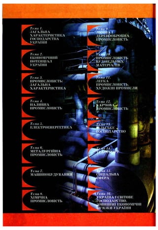 ‘л'взі
Тема I.
ЗАГАЛЬНА
ХАРАКТЕРИСТИКА
ГОСПОДАРСТВА
.УКРАЇНИ
[■•’КтіЯЩИИ». LІ
ДКРЕВООБРОБНА
ІІРОМПСЛОВІСТЬ
Тема 2.
ЕКОИОМІЧНИІІ
п о т е н ц іа л
УКРАЇИИ
■ ^ПРШПІСЛОВІСТ^ї
с—^БУДШЕЛЬНЙХ /
МАТЕРІАЛІВ
Тема 3.
ПРОМИСЛОВІСТЬ:
ЗАГАЛЬНА
ХАРАКТЕРИСТИКА
1.
ЛЕГКА
ПРОМИСЛОВІСТЬ.
ХУДОЖ НІ ПРОМИСЛИ
Тема 4.
НАЛИВНА
ПРОМИСЛОВІСТЬ
Тема 5.
ЕЛЕКТРОЕНЕРГЕТИКА
 f ' '
І i f ГК А РЧ О В /W
І % ЩРОМИСЛвИЩРОМИСЛбВІСТЬ
■//
Тема 6.
МЕТАЛУРГІЙНА
ПРОМИСЛОВІСТЬ
Тема 7.
МАІ1ІИН0БУДУВАННЯ,
^ ^ І^ Ш ^ Ь К Е і
. Щ ^ ) СП07Т АРС^ВО
т Г 14.^
Щтй 15.
^ Ц ІА Л Ь Н А
ЕФЕРА
Щ : :
' •
Тема 8.
ХІМІЧНА
ПРОМИСЛОВІСТЬ
ЩТема 16.
УКРАЇН А І СВІТОВЕ
І **>ЇОСПОДАРСТВО.
Ї ^ ^ О В Н І Ш Н І ЕКОНОМІЧНІ
V д а І В ’ЯЗКИ УКРАЇНИ
 