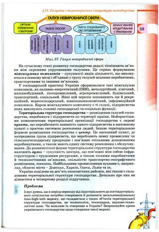 §12. Галузева і територіальна структура господарства
ГАЛУЗІ НЕВИРОБНИЧОЇСФЕРИ
ФІНАНСУВАННЯ
КРЕДИТУВАННЯ
СТРАХУВАННЯ
О□
Мал. 27. Галузі невиробничої сфери
На сучасному етапі розвитку господарства дедалі тіснішають зв’яз­
ки між окремими укрупненими галузями. Це сприяє формуванню
міжгалузевих комплексів - сукупності видів діяльності, що викону­
ються в певному місці і об’єднані у групу галузей міцними виробничими,
транспортними та іншими зв’язками.
У господарській практиці України сформувалися такі міжгалузеві
комплекси, як паливно-енергетичний (ПЕК), металургійний, хімічний,
машинобудівний, лісопромисловий, агропромисловий, будівельний,
транспортний, соціальний. Нині цей перелік поповнюють ще й рекре­
аційний, морегосподарський, зовнішньоекономічний, інформаційний
комплекси. Ядром міжгалузевого комплексу є ті галузі, підприємства
яких виконують головні господарські та соціальні функції.
Територіальна структура господарства —розміщення галузей госпо­
дарства, виробництв і підприємств по території країни. Найпростіши­
ми компонентами територіальної організації господарства є окремі
пункти, що передбачають наявність одного підприємства в населеному
пункті з простою системою розселення людей. Іншою територіальною
формою розміщення господарства є центр. Це населений пункт, де
зосереджена група підприємств, що виробляють певну промислову чи
сільськогосподарську продукцію і пов’язані спільними допоміжними
виробництвами, а також мають єдину систему розселення і обслугову­
вання. До розвиненішої форми територіальної структури господарства
належить вузол - сукупність центрів, що пов’язані між собою інфра­
структурою і трудовими ресурсами, а також тісними виробничими
й технологічними зв’язками, спільністю транспортно-географічного
розміщення, поселень. Найбільшими промисловими вузлами є, наприк­
лад, обласні міста - Донецьк, Харків, Одеса, Львів та ін.
Україна поділена на дев’ять економічних районів, які також є скла­
довими територіальної структури господарства. Детально про них ви
дізнаєтеся в четвертому розділі підручника.
Проблема
Існує думка, що в період переходу від індустріального до постіндустріаль-
ного суспільства потрібно створювати й розвивати загальнонаціональну
inno-high-tech мережу, що складається з таких об’єктів територіальної
структури господарства, як технополіси, технопарки, науково-техно-
логічні зони. Чи можливе їх створення в Україні? Запропонуйте кроки
українського господарства щодо створення такої мережі.
 