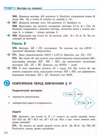 РОЗДІЛ V. Вектори на площині
©
566. Довжина вектора АВ дорівнює 5. Знайдіть координати точки В,
якщо А(4; -2), а точка В лежить на прямій у = 2х.
567. Довжина вектора а(т; 15) дорівнює 17. Знайдіть т.
568. Відкладіть від початку координат вектори а (-2; 1) і 6(1; 2).
Знайдіть координати і довжину вектора, початком якого є кінець век-
тора а , а кінцем — кінець вектора b.
569. Відкладіть, від точки (1; 3) вектори а (2; -1) і Ь(-4; 2). Чи ко-
лінеарні ці вектори?
Рівень В
570. Вектори АВ і CD колінеарні. Чи означає це, що ABCD —
трапеція? Відповідь обґрунтуйте.
571. Дано паралелограми ABCD і A^BC^D. Доведіть, що АА, =С,С.
572. Від точки М, яка лежить поза рівностороннім трикутником ABC,
відкладено вектори MF, ME і MD, що дорівнюють відповідно
векторам АВ, АС і ВС. Доведіть, що MFED — ромб.
573. У колі проведено діаметр АС і хорду АВ. Від точки М, що
лежить усередині кола, відкладено вектори MD і ME, які дорівнюють
відповідно векторам АВ і АС. Знайдіть кут MDE.
ПОВТОРЕННЯ ПЕРЕД ВИВЧЕННЯМ § 17
Теоретичний матеріал
нерівність трикутника;
найпростіші задачі в координатах. ( 9 клас, § 8
Задачі
574. Доведіть, що точки А, В і С лел<ать на одній прямій, якщо
АВ = 8,3 см, ВС =10,1 см, AC =1,8 см. Яка з цих точок лежить між
двома іншими?
575. Чи лежать на одній прямій точки А(-2; -2), В(-3; -4), С(0; 2)?
Розв'яжіть задачу двома способами.
172
 