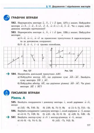 § 17. Додавання і віднімання векторів
ГРАФІЧНІ ВПРАВИ
582. Перекресліть вектори а, Ь, с і d (рис. 127) у зошит. Побудуйте
вектори a + b, c-d, b + d, d — Ь, a + b + c + d, b-d. Чи є серед побу-
дованих векторів протилежні?
583. Перекресліть вектори а, Ь, с i d (рис. 128) у зошит. Побудуйте
вектори: •
а) b + d, а + с, a + d за правилами трикутника й паралелограма
та за допомогою координат;
б) b-d, а-с, с-а трьома способами.
b
с
О/
d
У
у
V
1
с
а І
і Z_і
О 1 X
О
Рис. 127 Рис. 128
584. Накресліть довільний трикутник ABC.
а) Побудуйте вектор AD, що дорівнює сумі АВ + АС. Знайдіть
суму векторів DB і АС.
б) Побудуйте вектор АЕ, що дорівнює різниці А В - А С . Чи рівні
вектори АЕ і ВС?
ПИСЬМОВІ ВПРАВИ
Рівень А
585. Знайдіть координати і довжину вектора с, який дорівнює а + Ь,
якщо:
а) а (2; -9), Ь(6; 3); б) а(0; 4), Ь(-3; 0); в) а(-1; 5), 5(1; -5).
586. Знайдіть координати і довжину вектора с, який дорівнює а -Ь, якщо:
а) а(-4; 7), Ь(8; 2); б) а(2; -2), Ь(-3; 3); в) а (0; 1), Ь(0; -2).
587. Знайдіть вектор-суму а + Ь і вектор-різницю а-Ь, якщо:
а) а (-3; -1), Ь(-1; 2); б) а(2; -7), Ь(2; 3).
177
 