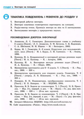 РОЗДІЛ V. Вектори на площині
ТЕМАТИКА ПОВІДОМЛЕНЬ І РЕФЕРАТІВ ДО РОЗДІЛУ V
1. Векторний добуток векторів.
2. Векторні означення геометричних перетворень на площині.
3. Радіус-вектор точки. Проекція вектора на вісь та її застосування.
4. Застосування векторів у природничих науках.
Р Е К О М Е Н Д О В А Н І Д Ж Е Р Е Л А І Н Ф О Р М А Ц І Ї
1. Атанасян, JI. С. Геометрия. Дополнительные главы к учебнику
8 класса [Текст] / JI. С. Атанасян, В. Ф. Бутусов, С. Б. Кадомцев,
С. А. Шестаков, И. И. Юдина — М. : Витанресс, 2002.
2. Бурда, М. І. Геометрія. 8—9 класи: Підручник для загальноосвіт.
навч. закл. [Текст] / М. I. Бурда, Л. М. Савченко. — К. : Освіта,
1996.
3. Кушнир, И. А. Координатный и векторный методы решения задач
[Текст] / И. А. Кушнир. — К. : Астарта, 1996.
4. Кушнир, И. А. Векторные методы решения задач [Текст] /
И. А. Кушнир. — К. : Оберіг, 1994.
5. Математична хрестоматія для 6—8 класів. Т. 1 [Текст]. — К. : Рад.
шк., 1968. — 320 с.
6. Математична хрестоматія для старших класів. Геометрія. Т. 2
[Текст] / упоряд. JI. В. Кованцова. — К. : Рад. шк., 1969. —
383 с.
7. Понарин, Я. П. Планиметрия, преобразования плоскости. Т. 1
[Текст] / Я. П. Понарин. — М. : МЦНМО, 2004.
8. Прасолов, В. В. Задачи по планиметрии. Ч. 1 [Текст] / В. В. Прасо-
лов. — Изд. 2-е, перераб. и доп. — М. : Наука : Гл. ред. физ.-мат.
лит., 1986. — 320 с. — (Б-ка мат. кружка).
9. Прасолов, В. В. Задачи по планиметрии. Ч. 2 [Текст] / В. В. Пра-
солов. — Изд. 2-е, перераб. и доп. — М. : Наука : Гл. ред. физ-мат.
лит., 1986. — 320 с. — (Б-ка мат. крулска).
10. Інтернет-бібліотека МЦНМО. http://ilib.mirror0.mccmc.ru/
11. Сайт видавництва «Ранок», http://www.ranok.com.ua
 