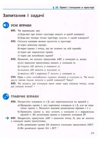 § 20. Прямі і площини в просторі
Запитання і задачі
ф УСНІ ВПРАВИ
691. Чи правильно, що:
а) будь-які три точки простору лежать в одній площині;
б) будь-які чотири точки простору лежать в одній площині?
692. Скільки площин можна провести в просторі:
а) через довільну пряму;
б) через пряму і точку, що не лежить на цій прямій;
в) через дві паралельні прямі;
г) через дві мимобіжні прямі?
693. Визначте, чи лежить трикутник ABC у площині а, якщо:
а) усі вершини трикутника лежать у площині а;
Q) сторона АВ лежить у площині а;
в) медіана AD лежить у площині а;
г) медіана AD і вершина С лежать у площині а.
694. Одна з двох мимобіжних прямих лежить у площині а. Чи може
друга пряма також лежати в даній площині? Чому?
695. Чи можуть дві площини мати лише одну спільну точку; лише
дві спільні точки? ' »
^ ^ ГРАФІЧНІ ВПРАВИ
696. Накресліть площини а і |і, які перетинаються по прямій с.
а) Проведіть пряму І, яка перетинає площини ос і Р, але не пере-
тинає пряму с. Визначте взаємне розміщення прямих І і с.
б) Проведіть пряму а, яка лежить у площині а і паралельна
прямій с. Як розміщена пряма а відносно площини (З?
—^ 697. Накресліть трикутник ABC і позначте точку D, яка не лежить
у площині цього трикутника.
а) Як розміщена пряма DA відносно площини трикутника ABC?
б) Як розміщені прямі DA і ВС? *
211
 