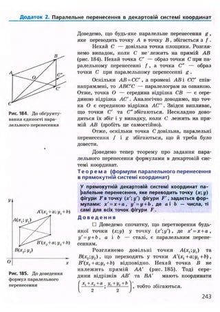 Додаток 2. Паралельне перенесення в декартовій системі координат
Рис. 184. До обґрунту-
вання единості пара-
лельного перенесення
О
Рис. 185. До доведення
формул паралельного
перенесення
Доведемо, що будь-яке паралельне перенесення g,
яке переводить точку А в точку В, збігається з f .
Нехай С — довільна точка площини. Розгля-
немо випадок, коли С не лежить на прямій АВ
(рис. 184). Нехай точка С' — образ точки С при па-
ралельному перенесенні f, а точка С" — образ
точки С при паралельному перенесенні g.
Оскільки АВ = СС' , а промені АВ і СС' спів-
напрямлені, то АВС'С — паралелограм за ознакою.
Отже, точка О — середина відрізка СВ — є сере-
диною відрізка АС'. Аналогічно доводимо, що точ-
ка О є серединою відрізка АС". Звідси випливає,
що точки С' та С" збігаються. Нескладно дово-
диться їх збіг і у випадку, коли С лежить на пря-
мій АВ (зробіть це самостійно).
Отже, оскільки точка С довільна, паралельні
перенесення / і g збігаються, що й треба було
довести.
Доведемо тепер теорему про задания пара-
лельного перенесення формулами в декартовій сис-
темі координат.
Т е о р е м а (формули паралельного перенесення
в прямокутній системі координат)
У прямокутній декартовій системі координат па-
^алельне перенесення, яке переводить точку (х; у)
фігури F в точку (х'; у') фігури F', задається фор-
мулами: х' = х+а, у' = у + Ь, де а і Ь — числа, ті
самі для всіх точок фігури F .
Д о в е д е н н я
• Доведемо спочатку, що перетворення будь-
якої точки (я;//) у точку {х';у') , де х' = х+а,
у' = у+Ь, а і b — сталі, є паралельним перене-
сенням.
Розглянемо довільні точки A(jt,;t/,) та
В(х2;у2), що переходять у точки A'(xl+a-,yl+Ь),
В'(х9+а;у9+Ь) відповідно. Нехай точка В не
належить прямій АА' (рис. 185). Тоді сере-
дини відрізків АВ' та ВА' мають координати
І *' + Х
'г + а
; У , + У г + Ь
І, тобто збігаються.
І 2 2 )
243
В'(х2 + а;у„ + Ь)
В(х2; у2)
 