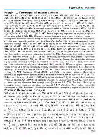 Відповіді та вказівки
Розділ IV. Геометричні перетворення
393. ZK = 70°, ZN = 90°. 394. ZA = ZC = 40°, ZB = 100°. 398. 60° і 120°. 399. ZA = ZD = 40",
ZB = ZC = 140°. 423. а) (8; -1); б) (0; 9); в) (-4; 6). 424. а) (-4; -3); б) (-а; -Ь). 427. а) (3; 9);
б) (-2; 5); в) (8; 0). 428. а) (а; -Ь); б) (-а; Ь). 429. а) у = - *; б) у = - х; в) у = х. 431. а) (* + 4)2
+
+ (у + З)2
= 25; б) (х + б)2
+ (у - 5)2
= 25. 432. а) у = - 2; б) у = - х - 1. 435. а) (л: + 16)2
+
+ ((/- З)2
=25; б) х = -2. 436. а) х2
+ (і/- б)2
= 4; б) * = 0. 445. (-4; 0), (4; 0), (4; -4).
463. а) (-4; 1); б) (5; -4). 464. У напрямі додатної півосі осі Ох на 4 одиниці. 465. а) (-3; 7);
б) (5; -1). 466. а) Ні; б) так. 467. х? = х-9, і/ = у + 5. 471. х' = х + 4, у' = у-5. 472. х2
+
+ (у - б)2
= 36. 473. А'(2; 1), С'(5; 2). 475. Точка перетину серединних перпендикулярів
до відрізків АА' і ВВ'. 476. Покласти першу монету в центр столу, а решту монет —
симетрично відносно центра столу до ходів суперника. 477. Брати стільки ж цукерок,
скільки взяв перший гравець, але з іншої коробки (тобто робити ходи, симетричні ходам
першого гравця). 480. 756 см2
. 488. а) 12 см; б) 18 см. 489. 0,25. 490. а) 5; б) 16 см2
.
491. 18 см2
. 492. 320 м2
. 493. 40 см2
. 495. Точка перетину продовжень бічних сторін.
498. а) 0,5; б) 2. 499. а) (-1; 5); б) (1; 4). 500. 1500 см2
. 501. 24 см2
. 502. 48 см2
.
505. І2:2. 515. Вказівка. Застосуйте симетрію відносно даної точки. 516. Вказів
ка. Застосуйте симетрію відносно прямої /. 517. Вказівка. Застосуйте поворот
на 90° навколо точки D. 518. 10 см. Вказівка. Застосуйте паралельне перенесен-
ня в напрямі променя ОО, на 10 см. 519. Вказівка. Застосуйте симетрію відносно
серединного перпендикуляра до третьої сторони. 520. Вказівка. Відобразіть мен-
ше коло симетрично відносно будь-якої його точки А. Шукана пряма проходить
через точку А і точку перетину образу меншого кола з більшим. 521. Вказівка.
Застосуйте поворот навколо точки А на 90°, внаслідок якого точка D переходить
у точку В. 522. Вказівка. Нехай ABCD (ADBC) — шукана трапеція. Застосуйте
паралельне перенесення діагоналі BD в напрямі променя AD на відстань ВС. 523. Так.
524. х' = х- 3, у' = у- 3; 27(2; 1). 527. а) Середина відрізка ОО,; б) пряма АВ; в) довільна
точка X прямої АВ, ZOXOt; г) промінь ОО, (або Oft), відстань ОО,. 530. Коло, гомо-
тетичне даному відносно йвго .центра з коефіцієнтом 0,5. 533. Вказівка. Застосуйте
симетрію одного з даних кіл відносно прямої І. 537. Вказівка. Застосуйте гомотетію
з центром А. 538. Вказівка. Застосуйте гомотетію з центром у вершині даного кута.
Розділ V. Вектори на площині
552. а) (475); б) (-3; 4); в) (0; - 4 ) . 554. а) 25; б) 5; в) 3. 555. а) АВ (8; -6), | а в | = 10 ;
б) АВ (-12; -5), |ЛВ| = 13. 556. (3; 2), (-2; 7). 557. (3; -9). 558. А(0; -2). 560. З, 4ч/2 ,
ч/б5 . 561. 9 і 7. 562. а) Ромб; б) прямокутник; в) трапеція. 565. 9 або -5. 566. (1; 2)
або (-1; -2). 567. 8 або -8. 568. (3; 1), 569. Так. 570. Ні. 573. 90°. 587. а) (-4; І)
і (-2; -3); б) (4; - 4 ) і (0;^10). 588. а) а; б) aj3 ; в) а; г) aj3 . 589. а) 0,5а; б) а;
в) — ; г) а. 592. а) а; б) -Ь ; в) Ь-а. 593. а) -а; б) b-d; в) d-b. 594. а) (1; - 8 ) ;
б) (3; 7); в) (-2; -13). 595. а) (і; 2); б) (3; 6); в) (2; 4). 596 а) (9; - і ) ; б) (-8; -3); в) (8; 3).
597. а) 5; б) 5; в) 2,5. 598. а) 13; б) 10; в) 12. 601. a) a+ft; б) - d - b ; в) а - Ь .
602. а) а-Ь ; б) -а-Ь. 604. а) Ні; б) так; в) так. 608. х + 2у = 0. 609. 90°. 619. а) -2 або 2;
б) - і або і . 620. а) Ь(1; -6); б) Ь (-18; -27). 623. АВ (4; -6), ВМ (-2; 3). 625. 4; ні.
626. а) 2; б) 30. 627. а) 0; б) 1. 628. а) -8; б) -2; в) 18. 629. а) 90°; б) 45°. 631. 6.
251
 