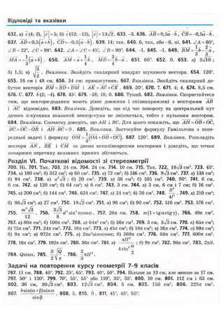 Відповіді та вказівки
632. а) с(4; 3), |с| = 5;б) с(13; -13), Іс| = 13У2. 633. -3. 636. АВ = 0,5а-Ь, СВ = -0,5а-Ь.
637. /lJ0 = 0,5(a + fc), CD = -0,5[d-b). 639. 14; так. 640. 6, так, або -6, ні. 641. ZA = 60°,
ZB~ 22°, Z С = 98°. 642. Z A = Z C = 45°, Z B = 90°. 644. -1. 645. -1. 649. ~BM = - b - - d ,
, I о _ 3 3
M A = - - ( a + fc). 650. AM = a + - b , MD=-b-d . 651. 60°. 652. 0. 653. а) 2ч/Ї0 ;
3V
' 4 4
ІЗ6) 1,5; в) J - . Вказівка. Знайдіть скалярний квадрат шуканого вектора. 654. 120°.
655. 18 см і 48 см. 656. 34 см; прямокутник. 667. Вказівка. Знайдіть скалярний до-
буток векторів ВМ = BD + DM і АК = АС+СК . 669. 30°. 670. 7. 671. 4; 4. 674. 8,5 см.
676. С. 677. 6(2; -4). 678. 45°. 679. -18; 18; 0. 680. Тупий. 682. Вказівка. Скористайтеся
тим, що вектори-доданки мають рівні довжини і співнапрямлені з векторами АВ
і АС відповідно. 683. Вказівка. Доведіть, що під час повороту на центральний кут
даного л-кутника вказаний вектор-сума не змінюється, тобто є нульовим вектором.
684. Вказівка. Спочатку доведіть, що АН 1 ВС. Для цього покажіть, що АН =ОВ + ОС,
ВС=ОС-ОВ і АН ВС = 0. 685. Вказівка. Застосуйте формулу Гамільтона з попе-
редньої задачі і формулу ОМ = -(ОА+ОВ+Ьс). 687. 120". 689. Вказівка. Розкладіть
вектори AN , ВК і СМ за двома неколінеарними векторами і доведіть, що точки
попарного перетину вказаних прямих збігаються.
Розділ VI. Початкові відомості зі стереометрії
700. Ні. 701. Так. 703. 24 см. 704. 24 см. 714. 10 см. 715. Так. 722. 18ч/3 см2
. 723. 45°.
734. а) 180 см2
; б) 312 см2
; в) 60 см2
. 735. а) 72 см2
; б) 516 см2
. 736. 9v/3 см2
. 737. а) 138 см2
;
б) 94 см2
. 738. а) а2
^3 ; б) 20 см2
. 739. а) 36 см2
; б) 105 см2
. 740. 90°. 741. 6 см,
6 см. 742. а) 120 см3
; б) 64 см3
; в) 6 см'. 743. З см. 744. а) 3 см, 6 см і 7 см; б) 16 см3
.
745. а) 200 см2
; б) 144 см2
. 746. 624 см2
. 747. а) 21 см2
; б) 36 см2
. 748. ~ . 749. а) 210 см3
;
4г
б) 96V3 см3
; .в) 27 см3
. 750. 18>/2 см3
. 751. а) 96 см3
; б) 90 см3
. 752. 516 см2
. 753. 576 см2
.
755. Ы Г 756. — s i n ' a c o s o c . 757. 26л: см. 758. m(l + tgactgv). 766. 49л см2
.
12 8
v ;
767. а) 80л см2
; б) 100л см2
. 768. а) 64л2
см2
; б) 36л см2
. 769. 3 см, Зл/З см. 770. а) 65л см2
;
б) 75л см2
. 771. 24л см2
. 772. 16л см2
. 773. а) 45л см3
; б) 18л см3
; в) 36л см3
. 774. а) 80л см3
;
б) 9л см3
; в) 972л см3
. 775. а) 2ita2
sinacosa; б) 368л см2
. 776. 66л см2
. 777. 600л см2
.
т тЯ
778. 16л см2
. 779. 192л см2
. 780. 36л см2
. 781. а) — — ; б) 9л см3
. 782. 96л см!
. 783. 2nS.
А • 2«
я fa 9 4 s m
784. Qsina. 785. - J - . 786. - л Я 2
. 2
2 V л 3
Задачі на повторення курсу геометрії 7-9 класів
787. 11 см. 788. 40°. 792. 25°, 65°. 793. 40°, 50°. 794. Більше за 13 см, але менше за 17 см.
797. 50° і 130°. 799. 70°, 55°, 55° або 110°, 35°, 35°. 800. 10 см. 801. 112 см і 63 см.
802. 36 см, ЗОл/Зсм2
. 803. 12%/з см2
. 804. 5 см. 805. 156 см2
. 806. 225л см2
.
807. fcsin(a + P ) s i n a
. 808. 5. 810. б . 811. 46е
, 45°. 90°.
sin|5
 