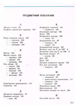ПРЕДМЕТНИЙ ПОКАЖЧИК
Л
Абсциса точки 83
Апофема правильної піраміди 218
Б
Бічна поверхня конуса 227
— — піраміди 218
— — призми 216
циліндра 225
В
Вектор 165
Висота конуса 226
— піраміди 218
— призми 215
— циліндра 226
Вісь абсцис 83
— конуса 226
— ординат 83
— симетрії 123
фігури 123
— циліндра 225
Г
Геометричне перетворення 115
Гомотетія 141
д
Декартові координати 83
Довжина вектора 165
— кола 63
К
Коефіцієнт гомотетії 141
— подібності 140
Колінеарні вектори 166
Конус 226
Координати вектора 168
— точки 83
Координатна вісь 83
— площина 83
— чверть 84
Координатний вектор 193
Косинус кута від 0° до 180° 8
Котангенс кута від 0° до 180° 8
Круговий сегмент 67
— сектор 66
Куб 216
Куля 227
Кутовий коефіцієнт прямої 100
Кут між векторами 182
— повороту 129
м
Метод векторний 189
— координат 99
— паралельного перенесення 151
— повороту 150
— симетрії 148
Мимобіжні прямі 209
Многогранник 215
Множення вектора на число 180
н
Нульовий вектор 166
253
 