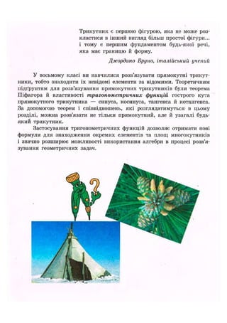 Трикутник є першою фігурою, яка не може роз-
кластися в інший вигляд більш простої фігури...
і тому є першим фундаментом будь-якої речі,
яка має границю й форму.
Джордано Бруно, італійський учений
У восьмому класі ви навчилися розв'язувати прямокутні трикут-
ники, тобто знаходити їх невідомі елементи за відомими. Теоретичним
підґрунтям для розв'язування прямокутних трикутників були теорема
Піфагора й властивості тригонометричних функцій гострого кута
прямокутного трикутника — синуса, косинуса, тангенса й котангенса.
За допомогою теорем і співвідношень, які розглядатимуться в цьому
розділі, можна розв'язати не тільки прямокутний, але й узагалі будь-
який трикутник.
Застосування тригонометричних функцій дозволяє отримати нові
формули для знаходження окремих елементів та площ многокутників
і значно розширює можливості використання алгебри в процесі розв'я-
зування геометричних задач.
 