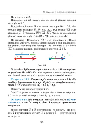 Ïèøóòü:
Ïîêàæåìî, ÿê ïîáóäóâàòè âåêòîð, ð³âíèé ð³çíèö³ çàäàíèõ
âåêòîð³â ³
Â³ä äîâ³ëüíî¿ òî÷êè O â³äêëàäåìî âåêòîðè ³ â³ä-
ïîâ³äíî ð³âí³ âåêòîðàì ³ (ðèñ. 112). Òîä³ âåêòîð áóäå
ð³çíèöåþ Ñïðàâä³, Îòæå, çà îçíà÷åííÿì
ð³çíèö³ äâîõ âåêòîð³â òîáòî
Íà ðèñóíêó 112 âåêòîðè ³ íåêîë³íåàðí³. Ïðîòå
îïèñàíèé àëãîðèòì ìîæíà çàñòîñîâóâàòè ³ äëÿ çíàõîäæåí-
íÿ ð³çíèö³ êîë³íåàðíèõ âåêòîð³â. Íà ðèñóíêó 113 âåêòîð
äîð³âíþº ð³çíèö³ êîë³íåàðíèõ âåêòîð³â ³
AOB
a b
ABO
a b
à) á)
Ðèñ. 113
Îòæå, äëÿ áóäü-ÿêèõ òðüîõ òî÷îê O, A ³ B âèêîíóºòü-
ñÿ ð³âí³ñòü OA OB BA ÿêà âèðàæàº ïðàâèëî çíàõîäæåí-
íÿ ð³çíèö³ äâîõ âåêòîð³â, â³äêëàäåíèõ â³ä îäí³º¿ òî÷êè.
Ò å î ð å ì à 14.2. ßêùî êîîðäèíàòè âåêòîð³â a ³ â³ä-
ïîâ³äíî äîð³âíþþòü (a1
; a2
) ³ (b1
; b2
), òî êîîðäèíàòè âåê-
òîðà a b äîð³âíþþòü (a1
– b1
; a2
– b2
).
Äîâåä³òü öþ òåîðåìó ñàìîñò³éíî.
Ç ö³º¿ òåîðåìè âèïëèâàº, ùî äëÿ áóäü-ÿêèõ âåêòîð³â
³ ³ñíóº ºäèíèé âåêòîð òàêèé, ùî
Î ç í à ÷ å í í ÿ. Äâà íåíóëüîâ³ âåêòîðè íàçèâàþòü ïðîòè-
ëåæíèìè, ÿêùî ¿õ ìîäóë³ ð³âí³ é âåêòîðè ïðîòèëåæíî
íàïðÿìëåí³.
ßêùî âåêòîðè ³ ïðîòèëåæí³, òî êàæóòü, ùî âåê-
òîð ïðîòèëåæíèé âåêòîðó à âåêòîð — ïðîòèëåæíèé
âåêòîðó
 