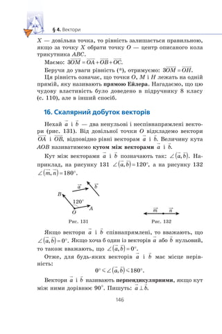 X — äîâ³ëüíà òî÷êà, òî ð³âí³ñòü çàëèøàºòüñÿ ïðàâèëüíîþ,
ÿêùî çà òî÷êó X îáðàòè òî÷êó O — öåíòð îïèñàíîãî êîëà
òðèêóòíèêà ABC.
Ìàºìî:
Áåðó÷è äî óâàãè ð³âí³ñòü (*), îòðèìóºìî:
Öÿ ð³âí³ñòü îçíà÷àº, ùî òî÷êè O, M ³ H ëåæàòü íà îäí³é
ïðÿì³é, ÿêó íàçèâàþòü ïðÿìîþ Åéëåðà. Íàãàäàºìî, ùî öþ
÷óäîâó âëàñòèâ³ñòü áóëî äîâåäåíî â ï³äðó÷íèêó 8 êëàñó
(ñ. 110), àëå â ³íøèé ñïîñ³á.
Íåõàé ³ — äâà íåíóëüîâ³ ³ íåñï³âíàïðÿìëåí³ âåêòî-
ðè (ðèñ. 131). Â³ä äîâ³ëüíî¿ òî÷êè O â³äêëàäåìî âåêòîðè
³ â³äïîâ³äíî ð³âí³ âåêòîðàì ³ Âåëè÷èíó êóòà
AOB íàçèâàòèìåìî êóòîì ì³æ âåêòîðàìè ³
Êóò ì³æ âåêòîðàìè ³ ïîçíà÷àþòü òàê: Íà-
ïðèêëàä, íà ðèñóíêó 131 à íà ðèñóíêó 132
a b
A
B
O
120°
m n
Ðèñ. 131 Ðèñ. 132
ßêùî âåêòîðè ³ ñï³âíàïðÿìëåí³, òî ââàæàþòü, ùî
ßêùî õî÷à á îäèí ³ç âåêòîð³â àáî íóëüîâèé,
òî òàêîæ ââàæàþòü, ùî
Îòæå, äëÿ áóäü-ÿêèõ âåêòîð³â ³ ìàº ì³ñöå íåð³â-
í³ñòü:
m m
Âåêòîðè ³ íàçèâàþòü ïåðïåíäèêóëÿðíèìè, ÿêùî êóò
ì³æ íèìè äîð³âíþº 90°. Ïèøóòü:
 