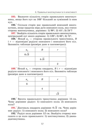 185. Âèçíà÷òå ê³ëüê³ñòü ñòîð³í ïðàâèëüíîãî ìíîãîêóò-
íèêà, ÿêùî éîãî êóò íà 168° á³ëüøèé çà ñóì³æíèé ³ç íèì
êóò.
186.° Ñê³ëüêè ñòîð³í ìàº ïðàâèëüíèé âïèñàíèé ìíîãî-
êóòíèê, ÿêùî ãðàäóñíà ì³ðà äóãè îïèñàíîãî êîëà, ÿêó ñòÿãóº
ñòîðîíà ìíîãîêóòíèêà, äîð³âíþº: 1) 90°; 2) 45°; 3) 24°?
187.° Çíàéä³òü ê³ëüê³ñòü ñòîð³í ïðàâèëüíîãî ìíîãîêóòíèêà,
öåíòðàëüíèé êóò ÿêîãî äîð³âíþº: 1) 120°; 2) 60°; 3) 72°.
188.° Íåõàé a3
— ñòîðîíà ïðàâèëüíîãî òðèêóòíèêà, R
³ r — â³äïîâ³äíî ðàä³óñè îïèñàíîãî ³ âïèñàíîãî éîãî ê³ë.
Çàïîâí³òü òàáëèöþ (ðîçì³ðè äàíî â ñàíòèìåòðàõ):
a3
R r
2
189.° Íåõàé a4
— ñòîðîíà êâàäðàòà, R ³ r — â³äïîâ³äíî
ðàä³óñè îïèñàíîãî ³ âïèñàíîãî éîãî ê³ë. Çàïîâí³òü òàáëèöþ
(ðîçì³ðè äàíî â ñàíòèìåòðàõ):
a4
R r
8
4
190.° Âèñîòà ïðàâèëüíîãî òðèêóòíèêà äîð³âíþº 15 ñì.
×îìó äîð³âíþº ðàä³óñ: 1) îïèñàíîãî êîëà; 2) âïèñàíîãî
êîëà?
191.° Ä³àãîíàëü êâàäðàòà äîð³âíþº ñì. ×îìó äîð³â-
íþº ðàä³óñ: 1) îïèñàíîãî êîëà; 2) âïèñàíîãî êîëà?
192.° Ðàä³óñ êîëà äîð³âíþº 12 ñì. Çíàéä³òü ñòîðîíó âïè-
ñàíîãî â öå êîëî ïðàâèëüíîãî: 1) øåñòèêóòíèêà; 2) äâàíà-
äöÿòèêóòíèêà.
 