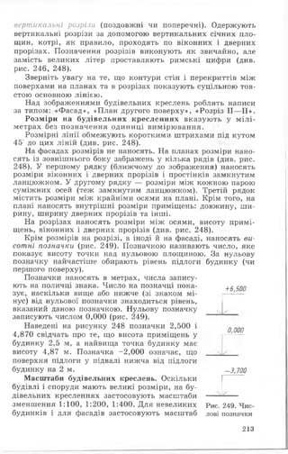 вертикальні розрізи (поздовжні чи поперечні). Одержують
вертикальні розрізи за допомогою вертикальних січних пло­
щин, котрі, як правило, проходять по віконних і дверних
прорізах. Позначення розрізів виконують як звичайно, але
замість великих літер проставляють римські цифри (див.
рис. 246, 248).
Зверніть увагу на те, що контури стін і перекриттів між
поверхами на планах та в розрізах показують суцільною тов­
стою основною лінією.
Над зображеннями будівельних креслень роблять написи
за типом: «Фасад», «План другого поверху», «Розріз II—II».
Розміри на будівельних кресленнях вказують у м ілі­
метрах без позначення одиниці вимірювання.
Розмірні лінії обмежують короткими штрихами під кутом
45е до цих ліній (див. рис. 248).
На фасадах розмірів не наносять. На планах розміри нано­
сять із зовнішнього боку забражень у кілька рядів (див. рис.
248). У першому рядку (ближчому до зображення) наносять
розміри віконних і дверних прорізів і простінків замкнутим
ланцюжком. У другому рядку — розміри між кожною парою
суміжних осей (теж замкнутим ланцюжком). Третій рядок
містить розміри між крайніми осями на плані. Крім того, на
плані наносять внутрішні розміри приміщень: довжину, ши­
рину, ширину дверних прорізів та інші.
На розрізах наносять розміри між осями, висоту примі­
щень, віконних і дверних прорізів (див. рис. 248).
Крім розмірів на розрізі, а іноді й на фасаді, наносять ви­
сотні позначки (рис. 249). Позначкою називають число, яке
показує висоту точки над нульовою площиною. За нульову
позначку найчастіше обирають рівень підлоги будинку (чи
першого поверху).
Позначки наносять в метрах, числа запису­
ють на поличці знака. Число на позначці пока­
зує, наскільки вище або нижче (зі знаком мі­
нус) від нульової позначки знаходиться рівень,
вказаний даною позначкою. Нульову позначку
записують числом 0,000 (рис. 249).
Наведені на рисунку 248 позначки 2,500 і
4,870 свідчать про те, що висота приміщень у
будинку 2,5 м, а найвища точка будинку має
висоту 4,87 м. Позначка -2,000 означає, що
поверхня підлоги у підвалі нижча від підлоги
будинку на 2 м.
Масштаби будівельних креслень. Оскільки
будівлі і споруди мають великі розміри, на бу­
дівельних кресленнях застосовують масштаби
зменшення 1:100, 1:200, 1:400. Для невеликих
будинків і для фасадів застосовують масштаб
+6,500
_
0,000
-3 ,7 0 0
Рис. 249. Чис­
лові позначки
213
 