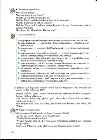 6. Fragt euchgegenseitig.
Was 1st ein Baum?
Woraus besteht ein Baum?
Welche Arten der Baume gibt es?
Welche Laub- und Nadelbaume kannst du nennen?
Welche Funktionen haben Baume?
Welche Tiere und Insekten verstecken sich in der Baumkrone und in
seinen Wurzeln?
Was kann ein Mensch fur Baume tun?
7. Lies und merk dir.
npe<J)iKC ver- Haflae fliecjiosy TaKnx
1. nepeMim,eHHH — verstellen (nepecmaejiamu), versetzen (ne-
peMiw,amu);
2. si,zwajieHHH — verreisen (eid'iMdMamu), verschicken (eidnpaejin-
mu). BHKOpHCTaHHH, nepepoSKH, BTpaTH — verleben (npoyKumu), verar-
beiten (nepepodjisimu), verschwinden (sHUKamu);
4. noMHJiKOBOCTi a6o HeB^ajioro peayntTaTy flii — verschlafen (npo-
cnamu), sich verrechnen (noMujiumucx);
5. npOTHJiejKHOCTi Tiii ,zn"i> na aKy BKasye 6esnpe(J)iKCHe fliecjioso —
verlernen (posymimuca), verbieten (sadopOHnmu);
6. s'eflHaHHa, ss'HSKy — verbinden (s'ednyeamu), verwachsen (spoc-
mamuca);
7. nepeTBOpeHHH, SMIHH cxany (eid iMennuKie ma npuKMemnuKie) —
verfilmen (eKpaniayeamu), verarmen (sdidmmu);
8. naAaHHH nesnoi HKOCTI (eid iMCHHume ma npuKMemnuKle) — ver-
golden (nosojiomumu), vertiefen (nozjiudumu).
8. Bilde von den folgenden Wortern Verben mit dem Prdfix ver-. Was bedeuten sie?
Nimin ein Worterbuch zu Hilfe.
tragen, stellen, legen, reisen, laufen, gehen, arbeiten, kaufen, hungern,
bauen, bliihen, pflanzen
arm, besser, breit, eng, gleich, groB, klein, dick, diinn, dunkel, falsch,
schon, stark, kurz
der Korper, das Gold, das Glas, das Kleid, der Schmutz, die Seife, die
Wuste
9. Fragt euchgegenseitig.
Gibt es einen Wald um deine Stadt / urn dein Dorf?
1st das ein Laub-, Nadel- oderMischwald?
Welche Baume wachsen dort?
Welche Baume sind in die Rote Liste («HepBOHa KHnra») der Ukraine
eingetragen?
Sind viele Pflanzen in die Rote Liste der Ukraine eingetragen?
132
 