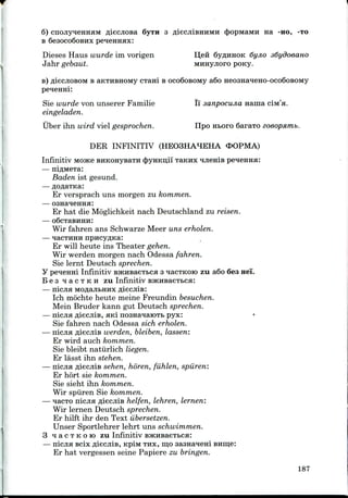 6) cnojiyneHHHM fliecjiosa 6yTH 3 fliecjiiBHHMH (jjopMaMH na -HO,-TO
B SesocoQoBHx pe^eiraax:
Dieses Haus wurde im vorigen I^efi SyflHHOK 6yjio sdydoeano
Jahr gebaut. MHHyjioro pony.
B) fliecjiOBOM B aKTHBHOMy cTani B ocoSosoMy a6o
Sie wurde von unserer Familie Ii sanpociuia naina ciM'a.
eingeladen.
Uber ihn wird viel gesprochen. IIpo Htoro Saraio zoeopunib.
DER INFINITIV (HEO3HAHEHA <POPMA)
Infinitiv MOJKC BHKOHysaTH <J)yHKn,ii Tannx qjieni
— niflMeTa:
Baden 1st gesund.
— flOflaTKa:
Er versprach uns morgen zu kommen.
— osna^eHHa:
Er hat die Moglichkeit nach Deutschland zu reisen.
— o6cTaBHHH:
Wir fahren ans Schwarze Meer uns erholen.
Er will heute ins Theater gehen.
Wir werden morgen nach Odessa fahren.
Sie lernt Deutsch sprechen.
Y pe^eHHi Infinitiv BHCHBaeTtca 3 qacTKoro zu a6o 6ea nei'.
Bea q a c T K H zu Infinitiv BjKHsaeT&CH:
— nicjia MOflajiBHHX fliecjiis:
Ich mochte heute meine Freundin besuchen.
Mein Bruder kann gut Deutsch sprechen.
— nicjiH Aiecjiis, aid nosna^iaiOTb pyx: •
Sie fahren nach Odessa sich erholen.
— nicjia fliecjiis werden, bleiben, lassen:
Er wird auch kommen.
Sie bleibt natiirlich liegen.
Er lasst ihn stehen.
— nicua fliecjiis sehen, horen, fiihlen, spiiren:
Er hort sie kommen.
Sie sieht ihn kommen.
Wir spiiren Sie kommen.
— qacTO nicjia fliecjiis helfen, lehren, lernen:
Wir lernen Deutsch sprechen.
Er hilft ihr den Text ubersetzen.
Unser Sportlehrer lehrt uns schwimmen.
3 q a c T K o r o zu Infinitiv BJKHBaeTtca:
— nicjia Bcix fliecjiis, KpiM THX, mo sasHaqeni BHro;e:
Er hat vergessen seine Papiere zu bringen.
187
 