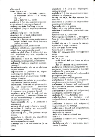alt
Alter <ias -s, - B!K
im Alter von ... (BIKOM) y ... POKIB
In welchem Alter ...?y HKOMY
Bin;! ...?
niit ... Jahren y ... POK!B
anbieten h (hot an, angeboten) npono-
HysaTH (mocb), HacTyBaTH (nuMCb)
Anfang der -(e)s, Anfange noiaTOK
anfangen h (fing an, angefangen)
naTn(ca)
Anforderung die -, -en BHMora
Angaben die pi flam, m4x>pMaii;ia
angenehm irpneMHHH
Angst die -, Angste CTpax,
Angst haben (vor Dat.) 6oaTnca
(KOZOCb, HOZOCb)
angstlich 6oa3KH&, HecMijiHBHH
anhaben h (hatte an, angehabt) HOCHTH
(odsiz), 6yTH oflarneHHM (y ui,ocb)
anhoren, sich (Dat.) h (horte sich an,
sich angehort) cjiyxaTH, cnpiiHMaTH
(w,ocb) na cjiyx
ankomnien s (kam an. angekommen)
npuSyBara,
anlegen h (legte an, angelegt)
TH (w,OCb)
Anmeldeformular das -s, -e o6jiiKOBa
anprobieren h (probierte an, anpro-
biert) MipaTH, npuMipaTH
anrufen h (rief an, angerufen) TejiecJ)o-
HyBaTH (KOMyCb)
anschalten h (schaltete an, angeschal-
tet) BMHKaTii (npujiad momo)
anschauen, sich (Dat.) h (schaute sich
an, sich angeschaut) 1. flHBHTHca
((pijibM, eucmaey, mejienepedany);
2. posflHBJiaTHca, orjia^aTii (mocb)
ansehen, sich (Dat.) h (sah sich an,
sich angesehen) 1. fliiBHTHca ((pijibM, eu-
cmaey, mejienepedany); 2. posflHBJiaTH-
ca, orjiaflaTH (mocb)
Ansichtskarte die -, -n jmcTiBKa 3
anstatt (Gen.) sawricTb (itoeocb,
anstellen h (stellte an, angestellt)
npHHMaTH (na poSoxy)
Anstellung die -, -en (poSone)
nocafla
anstreben h (strebte an, angestrebt)
(Akk.) nparnyTH (fozocb)
anstrengend CTOMJIHBHH
Anzeige die -, -n orojioiuenHa (y za-
semi)
anziehen I h (zog an, angezogen)
naflisaTH (odsiz)
anziehen II h (zog an, angezogen) npn-
Ba6jIK)BaTH, U,iKaBHTH
Anzug der -(e)s, Anziige KOCTIOM (HO-
jioenuu)
anziinden h (ziindete an, angeziindet)
Apotheke die -, -n
Arbeit die -, -en poSoTa, npau;a
arbeiten h (arbeitete, gearbeitet) npa-
Arbeiter der -s, - po6iTHHK
Arbeitsgemeinschaft die -, -en ryp-roK
Arm der -(e)s, Arme pyica (eid Kucmi do
njiena)
Artikel der -s, - 1. CTaTTa (y zasemi,
jKypHajii); 2. zpaxi.
Arzt der -(e)s, Arzte
Aspirin der -s acnipira
Atlas der -ses, Atlanten
aTjiac
auch TaKOHc, TCJK
auf na, y, sa
aufs Land fahren 'ixara aa MICTO
(y cejio)
Auf Wiedersehen! flo noQa^eHHa!
auffuhren h (fiihrte auf, aufgefuhrt) no-
KasysaTH, CTasnTH (na cv,em, e meampi)
Auflage die -, -n TupajK
aufmachen h (machte auf, aufgemacht)
aufmerksam yBaHCHHft; ysajKHO
aufhehmen h (nahm auf, aufgenom-
men) aanncaTii (na njiieKy momo)
aufpassen h (passte auf, aufgepasst)
6yTH yBaHCHHM, ysajKHO cjiyxaTH, flHBH-
THCa, CT6JKHTH
aufraumen h (raumte auf, aufgeraumt)
Aufsatz der -(e)s, Aufsatze TBip
aufschreiben h (schrieb auf,
aufgeschrieben) 3anncyBaTH (mocb Ky-
ducb)
aufsetzen h (setzte auf, aufgesetzt)
HaflisaTH (mocb Ha zojioey)
aufstehen s (stand auf, aufgestanden)
Auge das -s, -nOKO
Aula die -, Aulen aKTOBHH
aus s, is
ausatmen h (atmete aus, ausgeatmet)
Ausbildung die - I.
TOBKa; 2.
200
 