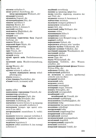 enthalten h
Micu;e (po6one) Anstellung, die
Micue npojKHBaHHH Wohnort, der
MiciieBHH heimisch
Micu;eBicTi> Gegend, die
Micu;enepe6yBaHHH Sitz, der
umriihren h
Beutel, der
Morrii diirfen h; konnen h
MoryrniH machtig
MOSKJiHBicTb Moglichkeit, die
MOSKJIHBO vielleicht
MOKPHH nass
MOJiOAisKua xypHCTipma 6aaa Jugend-
herberge, die
Miinze, die
6eper Kiiste, die
MOTOpoiuHiift gruselig
MOX Moos, das
Traum, der
traumen h
mutig
Myaeft npocxo ne6a Freilichtmuseum,
das
MysHHHirii aaxiA Musikveranstaltung,
die
MyjiHp Maurer, der
Myp Mauer, die
MycHTH miissen h; sollen h
MyciiTii BiAsiAyBaTH niKOJiy schul-
pflichtig sein
Miam rennen s
M'aica irpauiKa Kuscheltier, das
M'HKHH weich; (KJiiMam) mild
HH
selbst
cepe^oBiime Umwelt, die
geradeaus
npe^MeT Fach, das
piK Schuljahr, das
Ausbildung, die
(nozocb) lernen h', (y euw,OMy
saKJiadi) studieren h
(Komycb npo w,ocb) erin-
nern h (an Akk.)
HaropoflSKyBaTH auszeichnen h; verlei-
hen h
Ha/tana™ (nonecne seannsi) verleihen h
HaAasaTH MoacjiHBicTi. (spodumu w,ocb)
ermoglichen h
begeistern h
(odaz) anziehen h; (na eojioey)
aufsetzen h
zuverlassig
(y npsiMOMy eipipi) live
naasa (zasemu, yxypnajiy, KHUXCKU mo-
mo) Titel, der
nasHBaTH nennen h; benennen h
HaHiacxime meistens
najieacaxH (rcoMycb) gehoren h
naiviaraTHca versuchen h
HEMCT Zelt, das
HaMeTOBHH Ta6ip Zeltlager, das
HanesHO sicher
HanoBHioBaTH fiillen h
HanpmuHu;! zuletzt
iianpHKJiaA zum Beispiel (cKOp. z. B.)
napeniTi endlich
Geburt, die
geboren sein / werden
MyaHKa Volksmusik, die
ryjiaHHH Volksfest, das
3KHBOHHC Wandmalerei, die
HacxynHHH nachst
driicken h
Tipp, der
nayna Wissenschaft, die
HayKOBeu,b Gelehrte, der', Wissen-
schaftler, der
nayKOBo-cpaHTacTHHHHH 4>iJii>M Science-
Fiction-Film, der
HeQeaneica Gefahr, die
HeSeaneiHHH gefahrlich
HC BCTHraxH (3 siKozocb npedMema)
schlecht sein (in Dat.)
HerapHHH hasslich
H nahe
unweit
sonntaglich
mager, fettarm
Schnupfen, der
unvergesslich
H wild
jiic Urwald, der
unabhangig
Unabhangigkeit, die
neaaiviiacHH ledig
HeasasKaioiH (na w,ocb) trotz (Gen.)
unbedingt
ledig
HenoxHTHHH (xapaKmep) fest
HenpHBiTHHH unfreundlich
HecepftosHHH unernst
unsympathisch
angstlich
ungerecht
HeiecHHH unehrlich
BHnaAOK Unfall, der
231
 