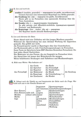 2. Lies und merk dir.
senden h (sendete, gesendet) — nepeflasaTH (nopadio, mejie6aHSHHK>)
Gestern hat man eine interessante Reportage aus Afrika gesendet.
die Sendung (die -en) — nepe^a^ia (no padio, mejiedaHeHnm)
Heute gibt es im Fernsehen eine spannende Sendung iiber die
Tiere Australiens.
der Sender (die -) — (pa^io)cTaHu;ia; (Tejie)neHTp
Es gibt private und offentlich-rechtliche
Fernseh- und Radiosender.
die Reportage (lies: ...tashe) (die -n) — penoprajK
Der Reporter macht aktuelle Radioreportagen.
3. Lies und iibersetze die Sdtze.
Heute Abend wird eine Talkshow mit den jungen Musikern gesendet.
Wahrend der Sportsendung hat man dreimal Werbung fur Zigaretten
gemacht. Das gefallt mir nicht.
Als Fernsehreporier macht er Reportagen iiber den Umweltschutz.
Am Wochenendegibt es viele Unterhaltungssendungen im Fernsehen.
Susis Tante ist Sprecherin beim ZDF (ZweitenDeutschen Fernsehen). Sie
liest jeden Abend Nachrichten.
Ein Moderator ist eine Person, die ein Gesprach im Fernsehen leitet.
Am Abend hore ich immer den Wetterberichtfur morgen.
Meine beliebtesten Sendungen sind Talkshows und Musiksendungen.
4. Bilde neue Worter. Was bedeuten sie?
das Gerat
der Sprecher
der Reporter
der Moderator
die Reportage
der Zuschauer
das Fernsehe4i
das Radio
das Fernsehed
die Nachrichten
die Musik
die Unterhaltung + s
die Kinder
die Sendung
5. Schaut euch die Tabelle an und beantwortet der Reihe nach die Frage: Wer
sieht sich was in der Familie Krause an?
Sportreportagen
Unterhaltungssendungen
Kindersendungen
Nachrichten
Sportsendungen an.
Wetterberichte
Musiksendungen
Fernsehfilme
Trickfilme
Talkshows
Werbung
Herr Krause
Frau Krause
Monika
Marko
Inge
sieht sich
schaut sich
begeistert
mit Interesse
gern
ungern
immer
oft
gewohnlich
selten
nie
manchmal
76
 