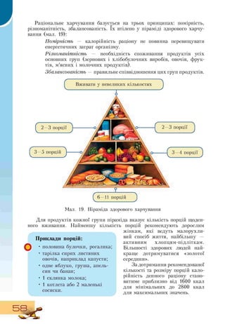 Раціональне харчування базується на трьох принципах: помірність,
різноманітність, збалансованість. їх втілено у піраміді здорового харчу-
вання (мал. 19):
Помірність — калорійність раціону не повинна перевищувати
енергетичних затрат організму.
Різноманітність — необхідність споживання продуктів усіх
основних груп (зернових і хлібобулочних виробів, овочів, фрук-
тів, м'ясних і молочних продуктів).
Збалансованість — правильне співвідношення цих груп продуктів.
Вживати у невеликих кількостях
J
2—3 порції 2—3 порції
^ 6 — 11 порцій ^
Мал. 19. Піраміда здорового харчування
Для продуктів кожної групи піраміда вказує кількість порцій щоден-
ного вживання. Найменшу кількість
Приклади порцій:
половина булочки, рогалика;
тарілка сирих листяних
овочів, наприклад капусти;
одне яблуко, груша, апель
син чи банан;
1 склянка молока;
1 котлета або 2 маленькі
сосиски.
порцій рекомендують дорослим
жінкам, які ведуть малорухли-
вий спосіб життя, найбільшу —
активним хлопцям підліткам.
Більшості здорових людей най-
краще дотримуватися «золотої
середини».
За дотримання рекомендованої
кількості та розміру порцій кало-
рійність денного раціону стано-
витиме приблизно від 1600 ккал
для мінімальних до 2800 ккал
для максимальних значень.
58
 