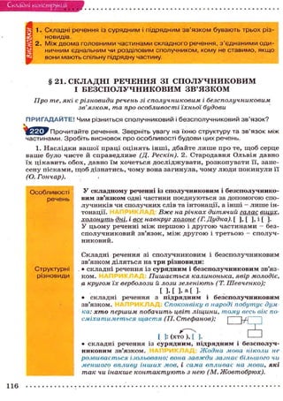 Складні конструкції
£J;
§
І
9
1. Складні речення із сурядним і підрядним зв'язком бувають трьох різ-
новидів.
2. Між двома головними частинами складного речення, з'єднаними оди-
ничним єднальним чи розділовим сполучником, кому не ставимо, якщо
вони мають спільну підрядну частину.
§ 21. СКЛАДНІ РЕЧЕННЯ ЗІ СПОЛУЧНИКОВИМ
І БЕЗСПОЛУЧНИКОВИМ ЗВ'ЯЗКОМ
Про те, які є різновиди речень зі сполучниковим і безсполучниковим
зв'язком, та про особливості їхньої будови
ПРИГАДАЙТЕ! Чим різниться сполучниковий і безсполучниковий зв'язок?
Прочитайте речення. Зверніть увагу на їхню структуру та зв'язок між
частинами. Зробіть висновок про особливості будови цих речень.
1. Наслідки вашої праці оцінять інші, дбайте лише про те, щоб серце
ваше було чисте й справедливе (Д. Рескін). 2. Стародавня Ольвія давно
їх цікавить обох, давно їм хочеться досліджувати, розкопувати її, зане-
сену пісками, щ о б дізнатись, чому вона загинула, чому люди покинули її
(О. Гончар). >
Особливості У складному реченні із сполучниковим і безеполучнико-
р е ч е н ь вим зв'язком одні частини поєднуються за допомогою спо-
лучників чи сполучних слів та інтонації, а інші - лише ін-
тонації. Вже на річках дитячий галас вщух,
холонуть, дні, і все навкруг холоне (Г. Дудка). [ ], [ ], і [ ].
У цьому реченні м і ж першою і другою частинами — без-
сполучниковий зв'язок, м і ж другою і третьою - сполуч-
никовий.
Складні речення зі сполучниковим і безсполучниковим
зв'язком діляться на три різновиди:
Структурні • складні речення із сурядним і безсполучниковим зв'яз-
різновиди ком. Пишається калинонька, явір молодіє,
а кругом їх верболози й лози зеленіють (Т. Шевченко);
[ ] . [ ] , а [ ] .
• складні речення з підрядним і безсполучниковим
зв'язком. Споконвіку в народі побушує дум-
ка: хто першим побачить цвіт ліщини, тому весь вік по-
сміхатиметься щастя (П. Стефанов); |
5[ ]: (хто ), [ ]. І 1
• складні речення із сурядним, підрядним і безсполуч-
никовим зв'язком. Жодна мова ніколи не
розвивається ізольовано; вона завжди зазнає більшого чи
меншого впливу інших мов, і сама впливає на мови, які
так чи інакше контактують з нею (М. Жовтобрюх).
116
 