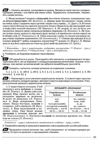 Складного) рядне реченн
І- Спишіть речення, розкриваючи дужки. Визначте межі частин складно-
сурядних речень і поставте між ними коми. Підкресліть сполучники. Накрес-
літь схеми речень.
1. Вітер напинає* вітрило а (в)далині височіють вітряки, повернувши кри-
ла вітрові (на)зустріч (Ю. Белічко). 2. Дерева мене ч(е,и)кають і падає листя
насте(ж,ш)ку і падають зорі в долоні і падає сон у траву... (І. Драч ). 3. В'ється
смуга сірого бетону під крилом могутнім літака і Бориспіль в(е,и)чоровий тане
в пов(е,и)ні зеленій вишняка (М. Боровко). 4. Ні людей, ні хат не було але
смужечка синього диму снувалася (по)між деревами (Б. Лепкий). 5. Не тіль-
ки тужна пісня лилася із змученої душі матері а й протікали сльози гарячі на
її обли(ч,чч)і (Г. Тютюнник). 6. Свіча плакала і крізь ті сльози попливли пе-
ред очима картини пережитого (В. Сичевський). 7. Стихне м(е,и)лодія й (з,с)
хлипне поволі** срібна хмаринка перлистим*** дощем (3. Мороз). 8. Минає
дощ та від його краплин не стане на душі моїй т(е,и)пліше (Л. Гудзь).
* Напинати — (рос.) натягивать, надувать, распускать. ** Поволі — (рос.)
медленно, постепенно. ***Перлйстий — (рос.) жемчужный.
II. Розберіть за будовою виділені прислівники.
Об'єднайтеся в групи. Пригадайте або випишіть із довідникової літера-
тури прислів'я, які за будовою є складносурядними реченнями. Виграє та ко-
манда, яка зможе за визначений час дібрати якнайбільше прислів'їв.
Складіть і запишіть складні речення за поданими схемами.
1. [ ], і [ ]. 2. А б о [ ], або [ ]. 3. [ ], і [ ], але [ ]. 4. [ ], однак [ ]. 5. Не
тільки [ ], але й [ ].
І. Перекладіть усно речення українською мовою. З кожної пари простих
речень утворіть складносурядні, використовуючи відповідні сполучники. Утво-
рені речення запишіть українською мовою.
1. С моря тянуло холодом. Глеб
протянул ноги поближе к пламе-
ни (В. Jlemoe). 2. Давно уже пле-
мянник Юра просил взять его в
соседнюю деревню за молоком.
Я долго не решалась (Л. Терехо-
ва). 3. Вера осторожная, бояз-
ливая. Влада быстрая, колени в
ссадинах, лоб в шишках (В. Васи-
льев). 4. Еще мальчишкой я по-
любил птиц. Они были моими
друзьями в течение многих лет
(К. Благосклонов). 5. Наступил поздний по военному времени час. Люди
еще не спали (Л. Леонов).
Решиться - (укр.) зважитися, наважитися; ссадина - (укр.) саднб.
II. Порівняйте вимову й написання виділених слів в українській і російській мовах.
Ё ^ Э Продовжте кожне речення так, щоб утворилися: а) складносурядне ре-
чення; б) просте речення з однорідними членами.
ПОРІВНЯЙТЕ СПОЛУЧНИКИ1.
Українською
мовою
Російською
мовою
але
або
та (єднальний)
та(протиставний)
не тільки ... але й
чи то ... чи то
но,однако
или, либо
И, да
но,однако
не только ... но и
то ли ... то ли
25
 