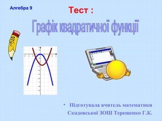 Тест :
• Підготувала вчитель математики
Скадовської ЗОШ Терещенко Г.К.
Алгебра 9
 