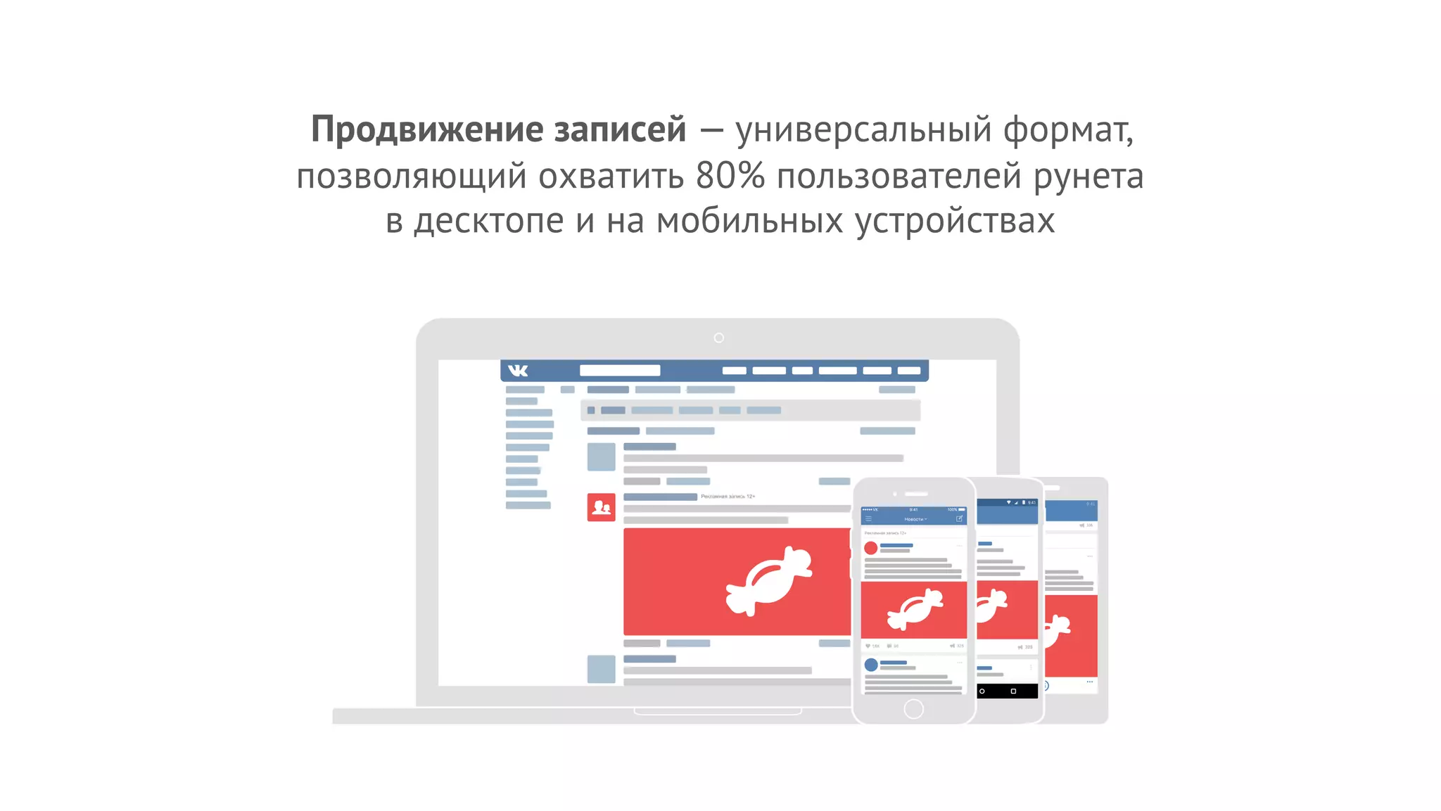 Продвижение записей — универсальный формат,
позволяющий охватить 80% пользователей рунета
в десктопе и на мобильных устройствах
 