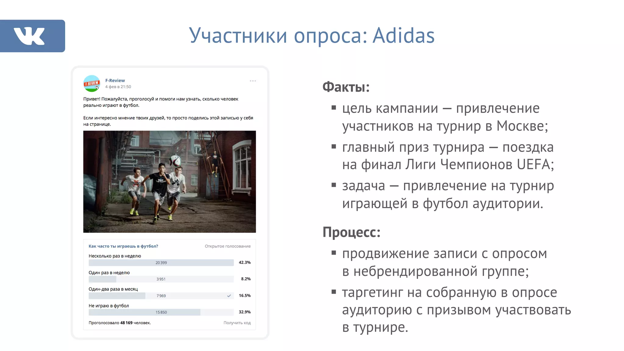 Участники опроса: Adidas
Факты:
§ цель кампании — привлечение
участников на турнир в Москве;
§ главный приз турнира — поездка
на финал Лиги Чемпионов UEFA;
§ задача — привлечение на турнир
играющей в футбол аудитории.
Процесс:
§ продвижение записи с опросом
в небрендированной группе;
§ таргетинг на собранную в опросе
аудиторию с призывом участвовать
в турнире.
 