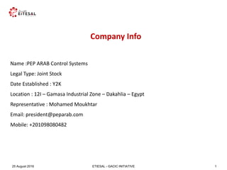 ETIESAL - GACIC INITIATIVE25 August 2016 1
Company Info
Name :PEP ARAB Control Systems
Legal Type: Joint Stock
Date Established : Y2K
Location : 12I – Gamasa Industrial Zone – Dakahlia – Egypt
Representative : Mohamed Moukhtar
Email: president@peparab.com
Mobile: +201098080482
 